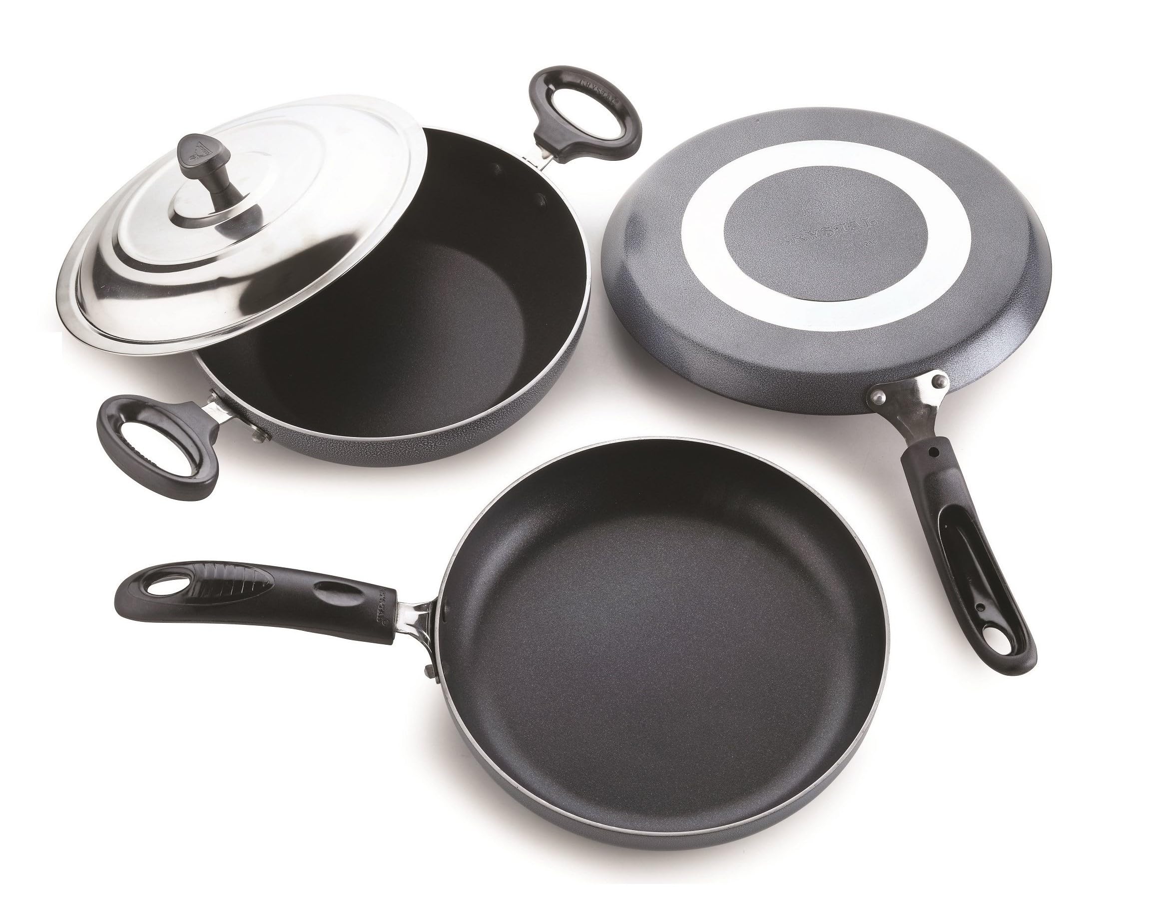 Crystal Non-Stick Cookware Set, 4 Pcs|Flat Tawa 280 mm|Kadai 240 mm with Steel Lid|Fry Pan 240 mm|3 mm thickness|3 layer Non stick Coating|Metal Spoon Friendly|PFOA Free|Hammered tone finish