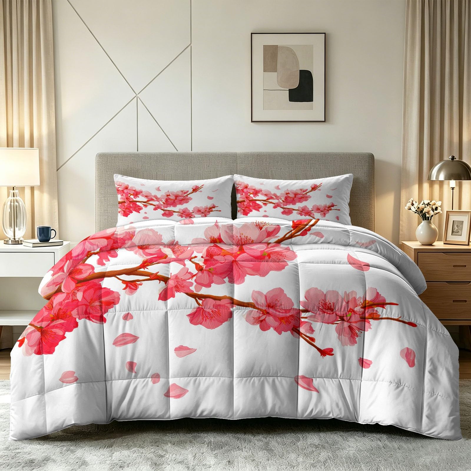 Edredón sin funda tamaño King con acuarela china de flores de durazno