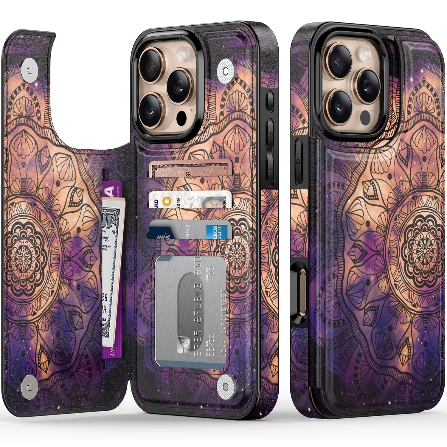 LETO for iPhone 16 Pro Max Wallet Case - Flip Folio Leather Kickstand - Fashionable Flower Designs - Credit Card Holder - Protective Phone Cover for