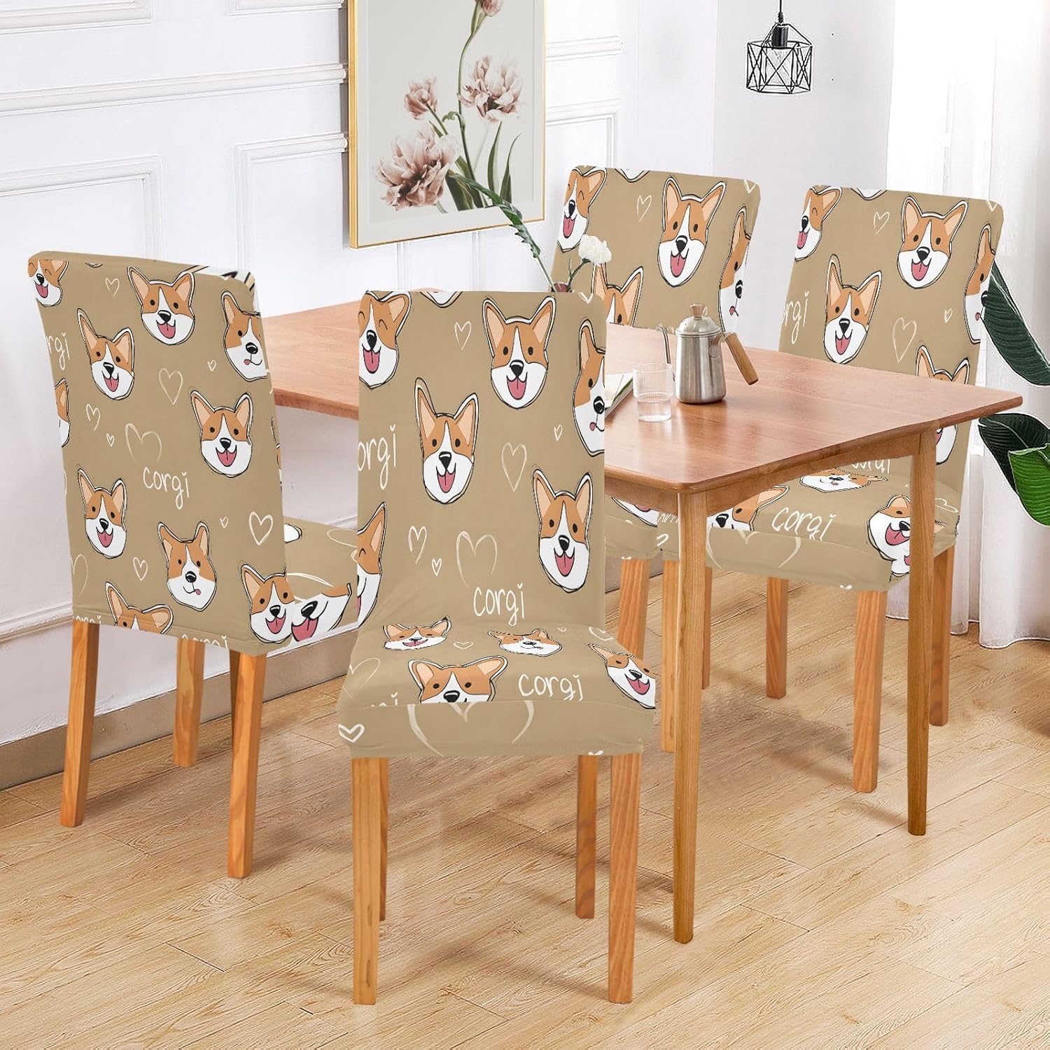 ALAZA Chair Covers for Dining Room, Cute Dog Corgi Face Pattern Stretch Chair Cover Sets Chair Protector Removable Washable for Ktichen Restaurant Hotel