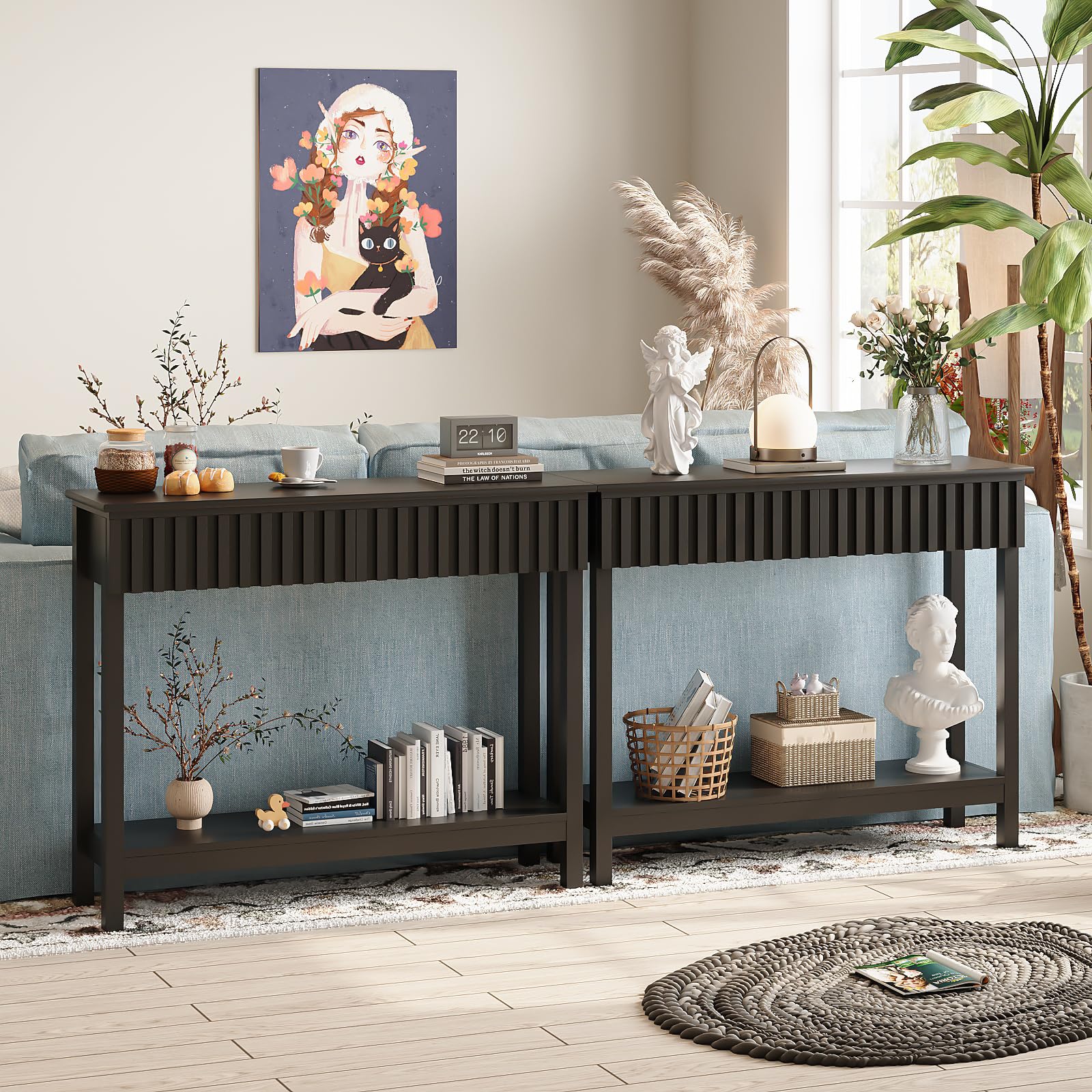 Trironsun Tavolo consolle sottile con 2 cassetti e ripiano, moderno tavolo in legno per corridoio, soggiorno o dietro il divano (nero, 2 cassetti)