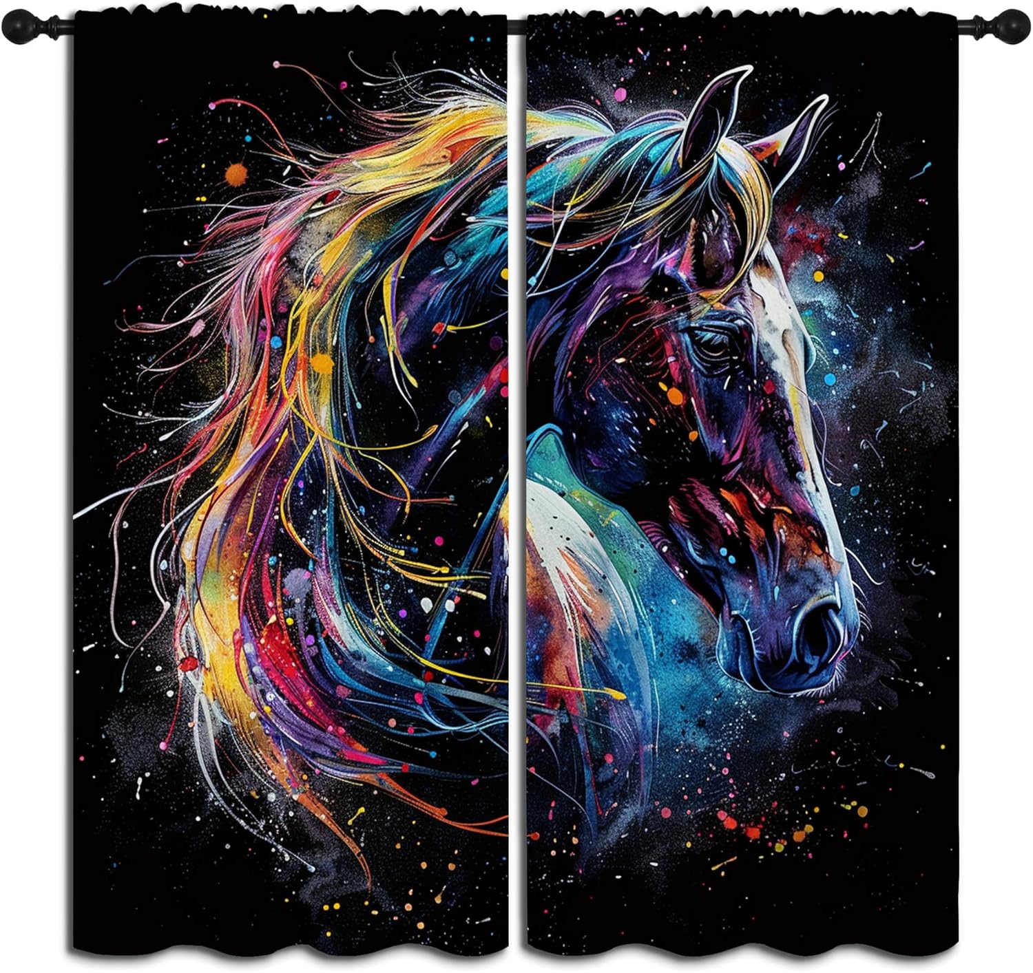 ファームアニマル遮光カーテン 男の子 女の子 寝室装飾 面白い馬 カラフルなスプラッシュアート 断熱ロッドポケット ドレープ 暗くす