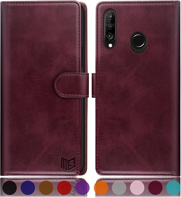 SUANPOT for Huawei P30 Lite case RFID Blocking Credit Card Holder, Flip Folio Book PU Leather Wallet Phone case Shockproof Cover Women Men for Huawei P30 Lite case Wine Red