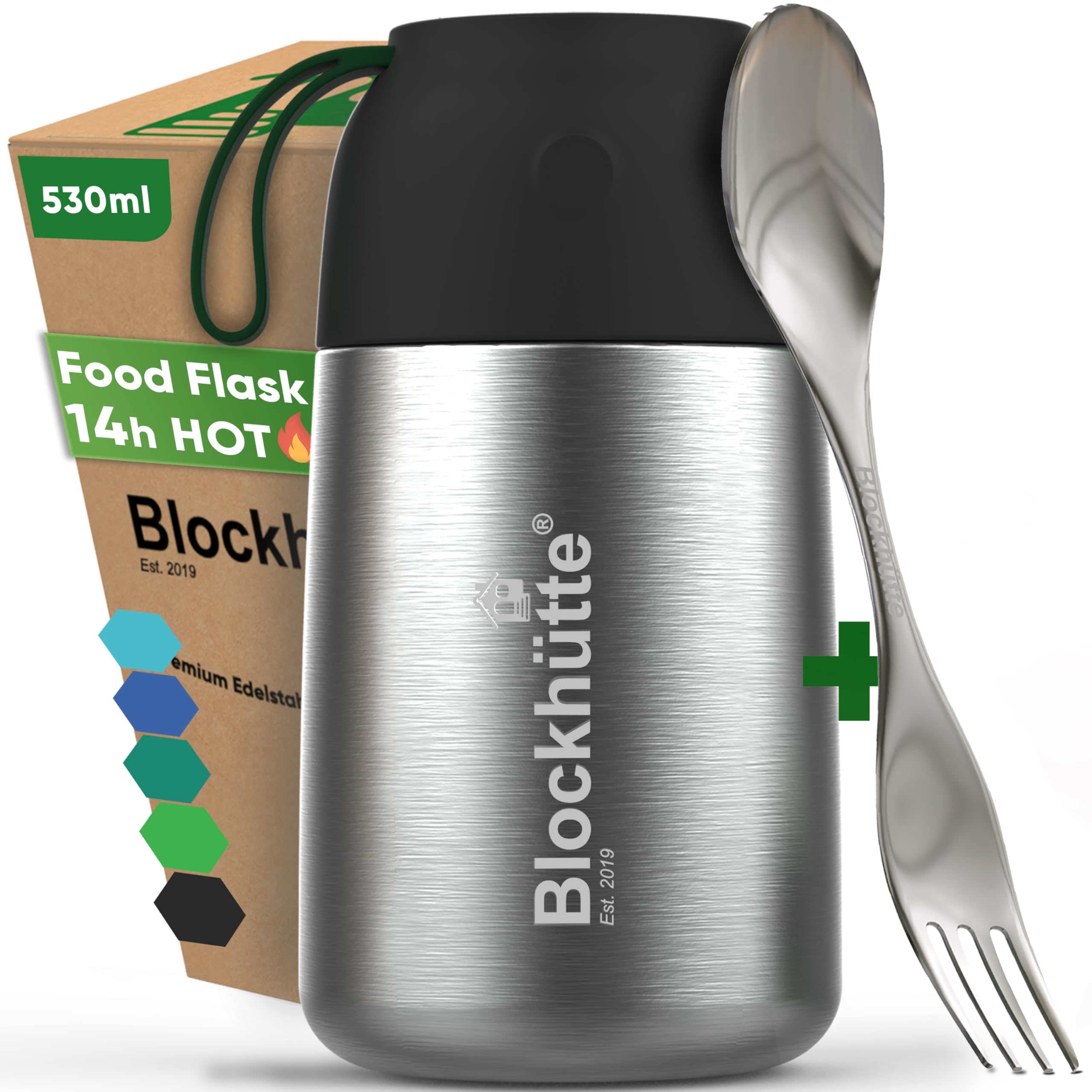 Blockhütte Food Flasks for Hot Food Kids 530ml Stainless Steel | Soup Flask incl Spoon & Fork | Vacuum Insulated Thermal Lunch Box 14h Hot Meals, BPA Free Hot Food Container – Black
