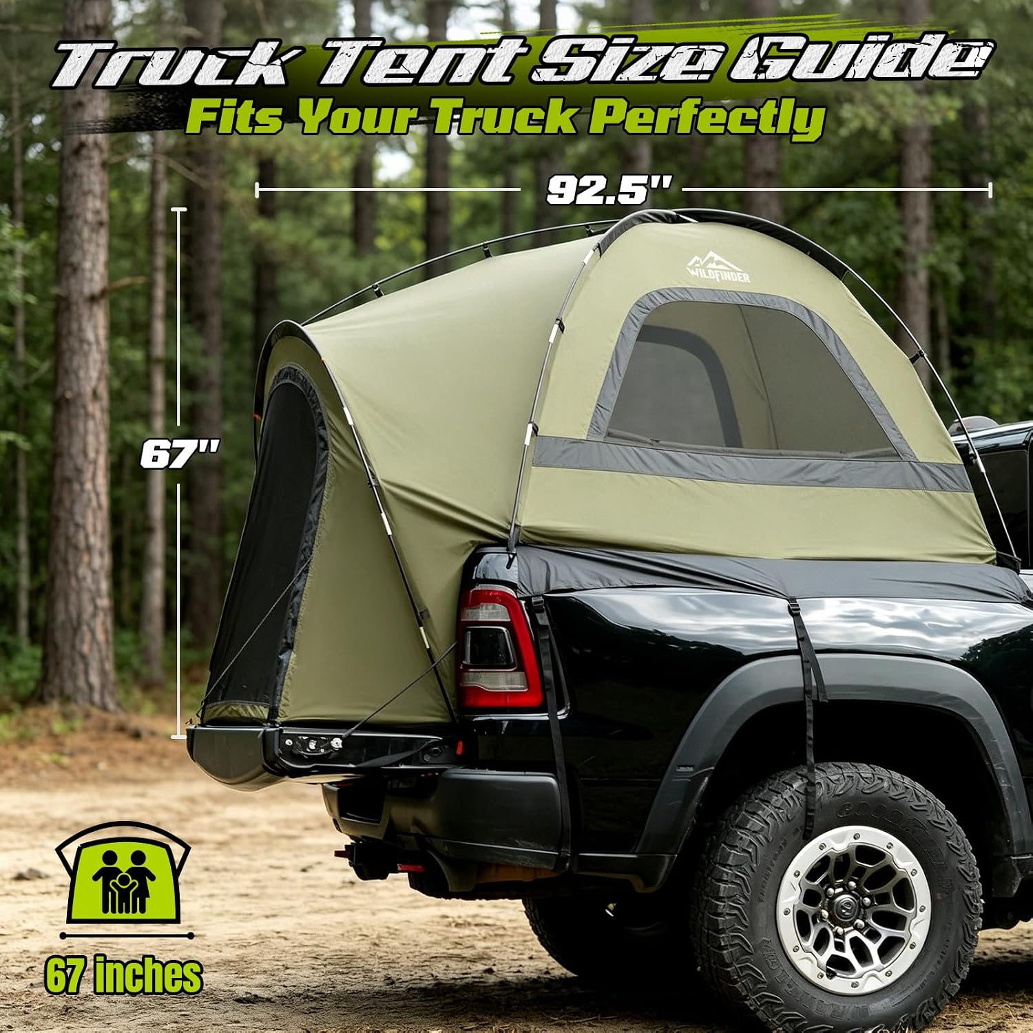 WildFinder Truck Bed Tent with Rainfly, Waterproof PU 3000mm Pickup Tent, Truck Tents for Camping 5.5-6.0 Ft Bed, 2-3 Person Sleeping Truck Tent, Portable for Car Camping