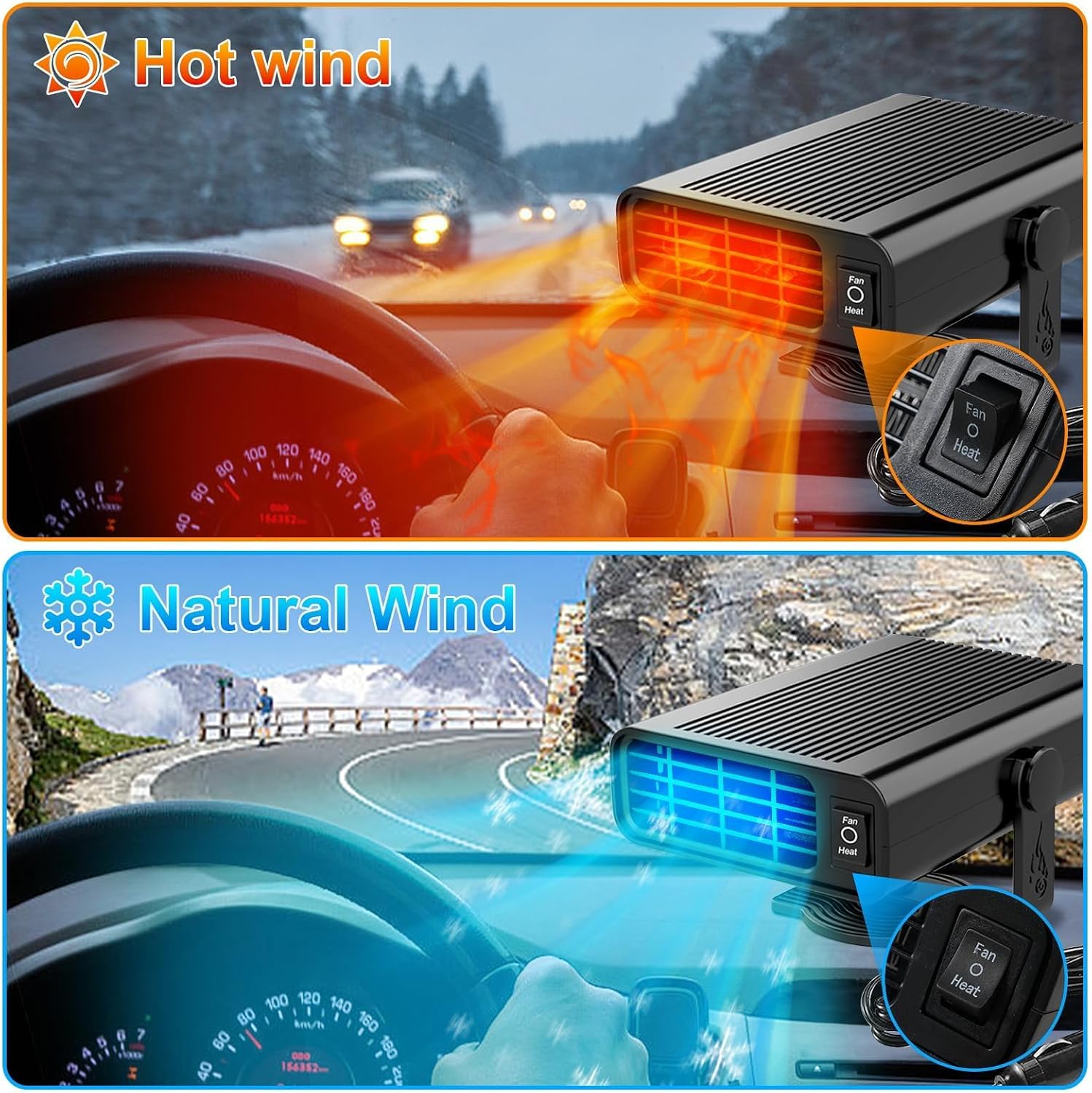 Car Heater 12V, Portable Car Heater & Windshield Defroster – 200W Fast Heating Defogger & Cooling Fan, Plug In Cigarette Lighter Car Heater for Vehicle, Cars, SUV & RV