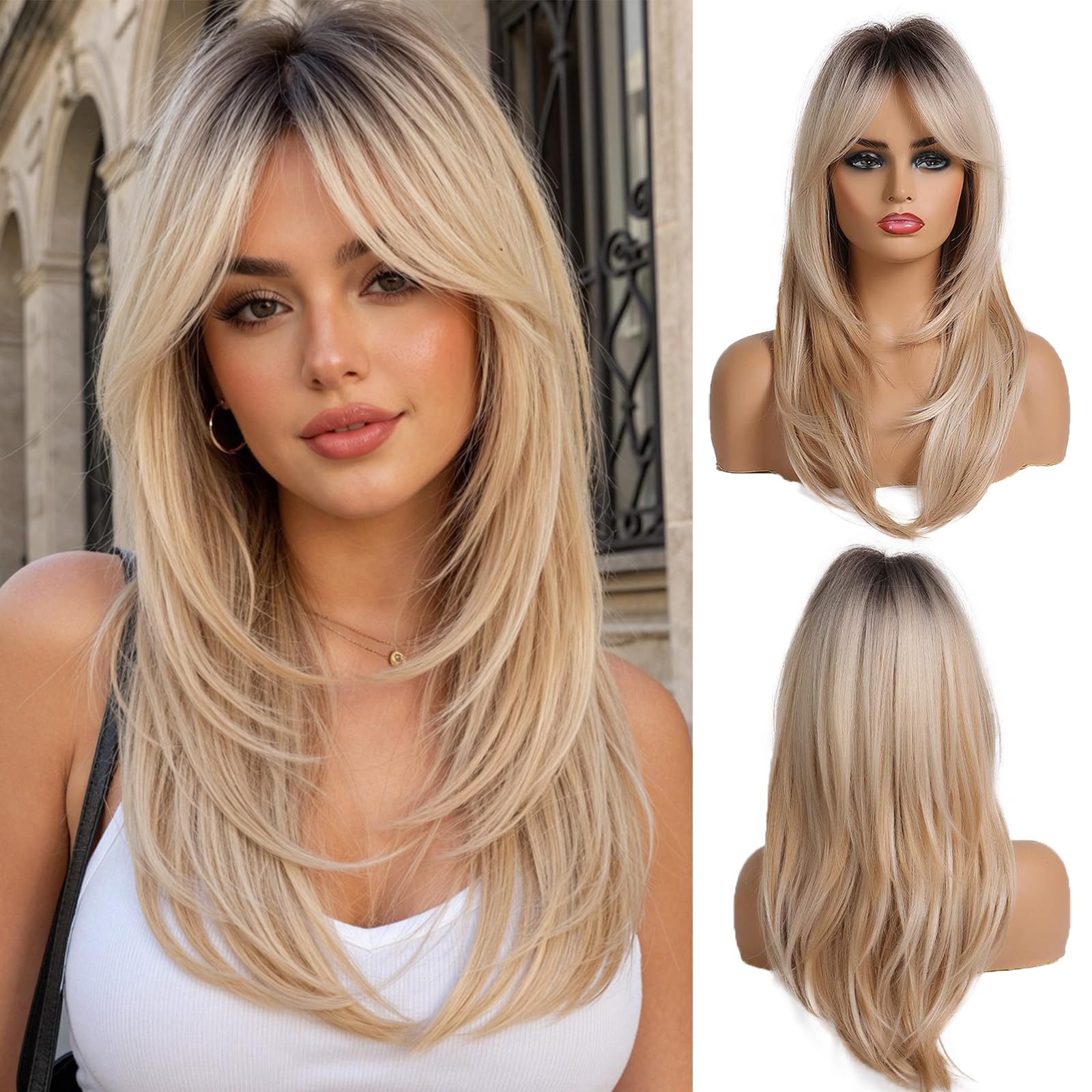 Perruques Blondes pour Femmes Perruque Longue Et Droite avec Franges Cheveux Synthétiques Dégradés avec Racines Foncées pour Un Usage Quotidien Et Festif