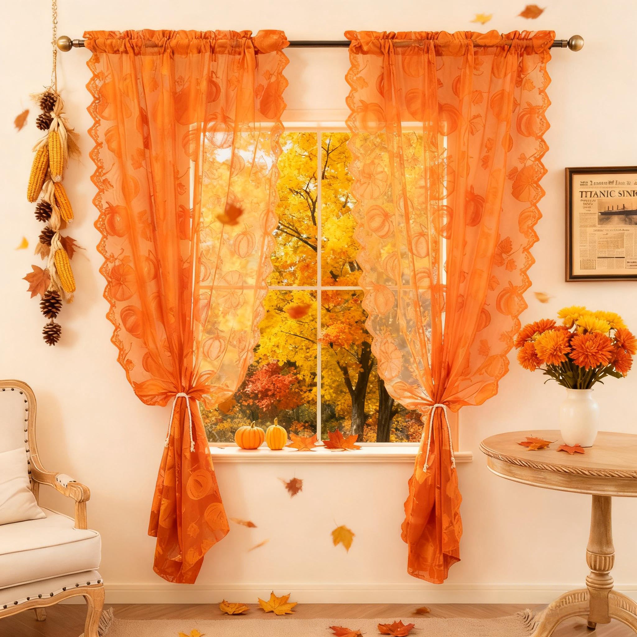 Fall Lace Curtains - 63 Inch, Harvest Pumpkin Style -6