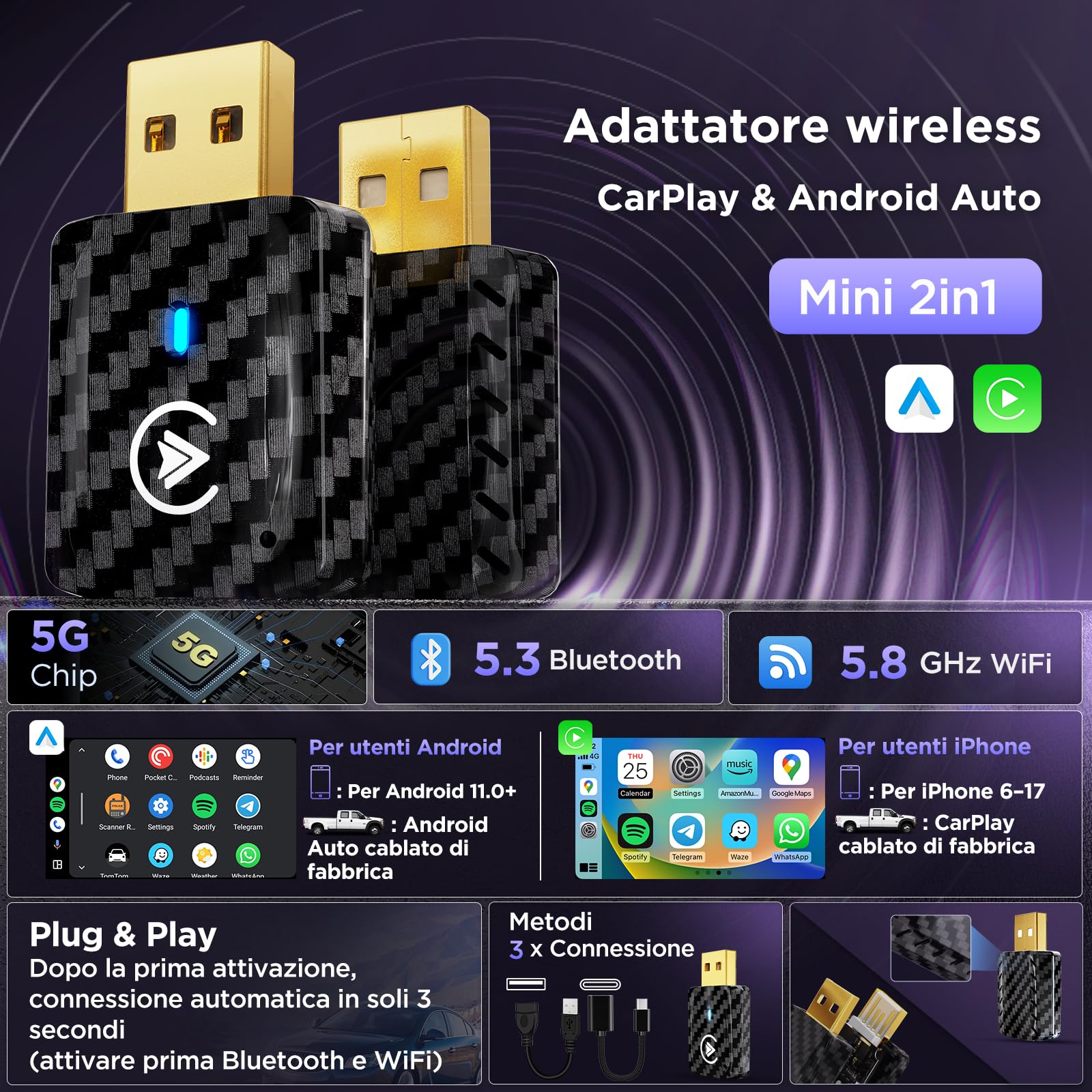 MSXTTLY Adattatore Android Auto Wireless, Carplay Wireless per iPhone 17-12 & Android 11+, Bluetooth 5.3, Dual Core WLAN 5.8GHz, Veloce e Stabile