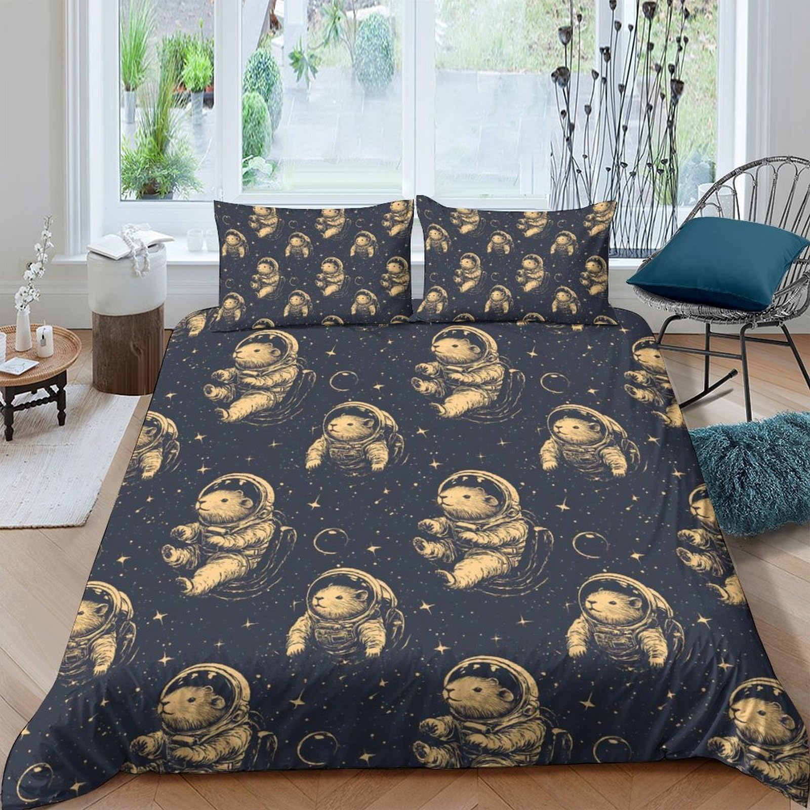 GPLZQXKJNH 3D Printed Sloth Astronaut Duvet Cover Microfiber Soft Breathable Space Stars Bedding Set with 2 Pillowcases for Bedroom Decor Single（135x200cm）