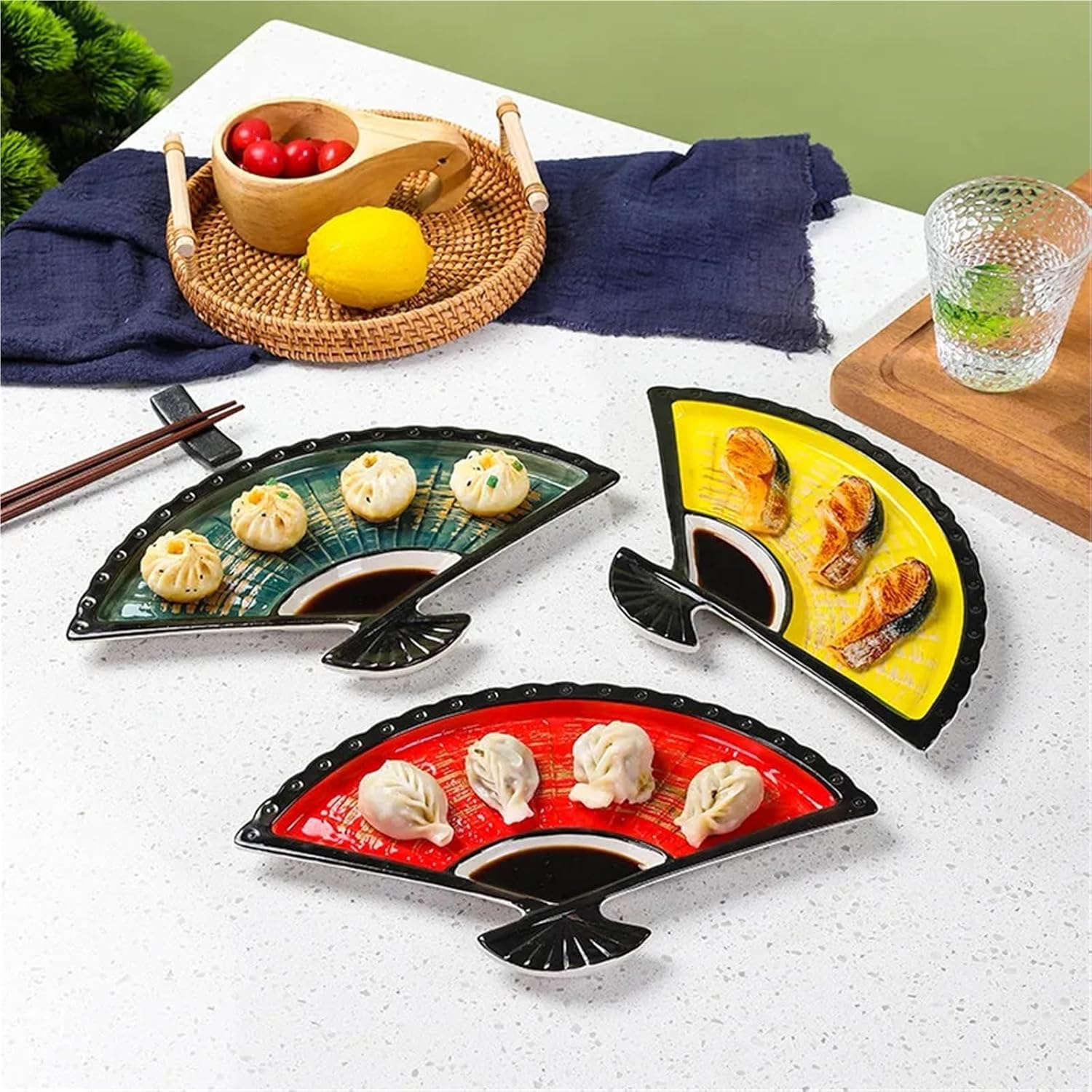 Creative Ceramic Partition Plate with Vinegar Dish - Japanese Hand-Painted Fan-Shaped Sushi Snack Tray,1pcs(Silver)