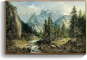 crmotu Vintage Framed Wall Art, Mountain River Landscape Canvas Painting, Pine Tree Forest Art Prints, Rustic Farmhouse Home Decorations, Pictures Wall Decor Living Room Bedroom Cottage 20x30in