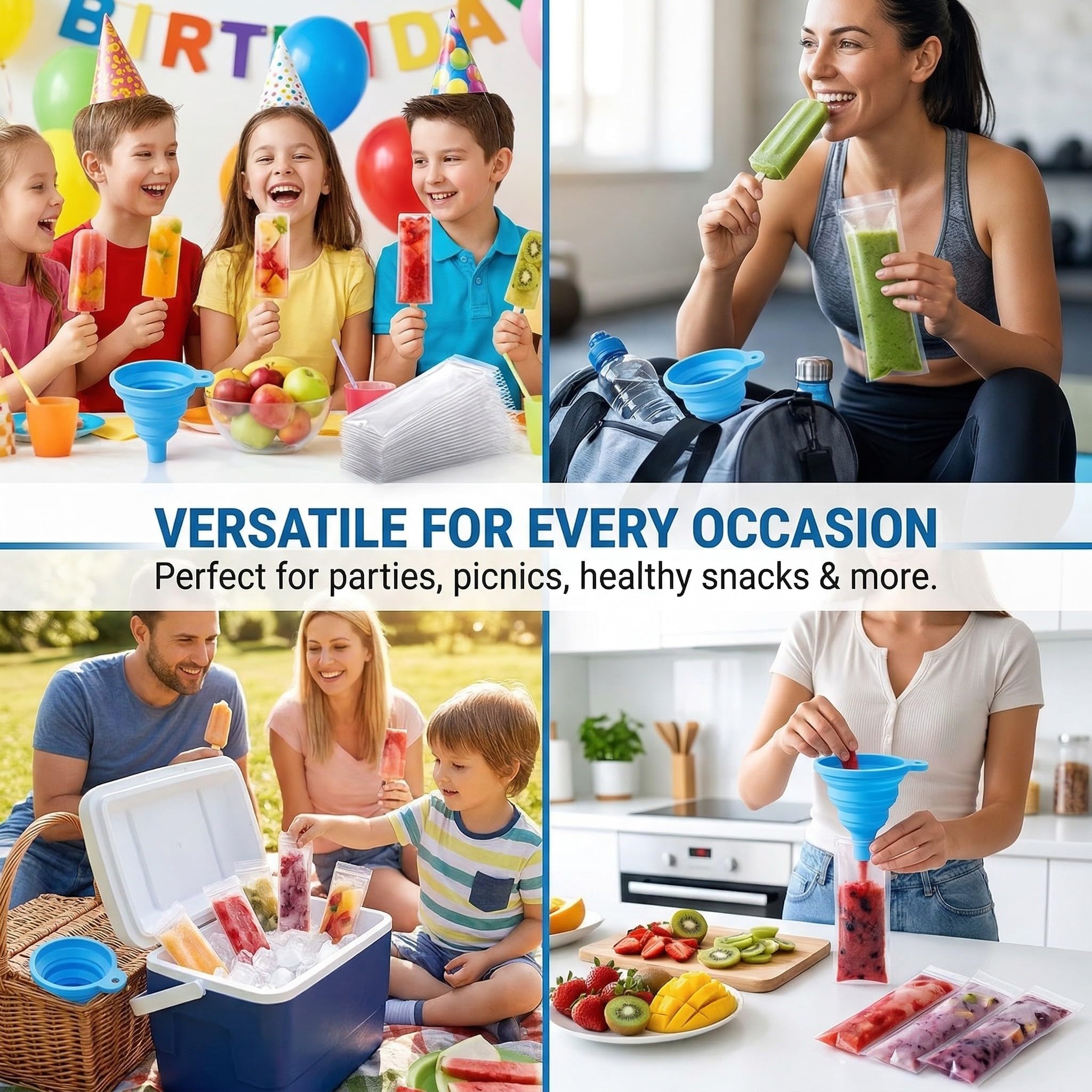 50 Bolsas Reutilizables para Helados Caseros con Embudo, Moldes para Polos de Jugo, Yogur, Smoothies y Helados (5.5x27.5cm)