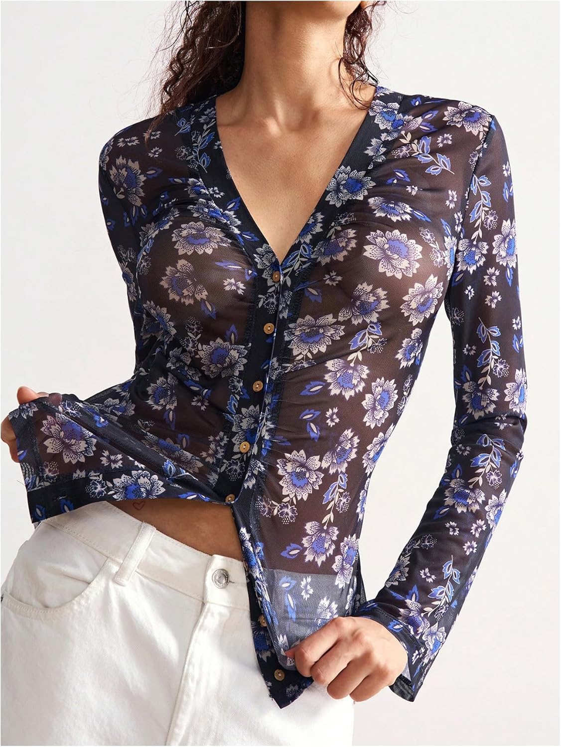 SOLY HUX Women's Long Sleeve Shirts Boho Floral Print Blouses Button Down V Neck Fitted Tops - Image 2