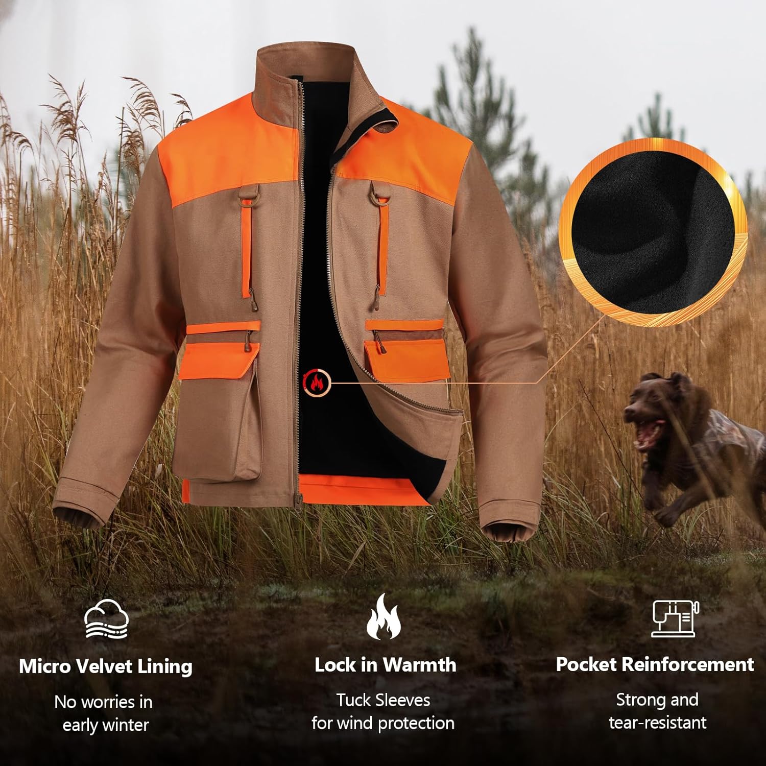 NEW VIEW Upland Jacket for Men, Blaze Orange with Game Pouch, Pheasant and Quail Hunting - Image 5