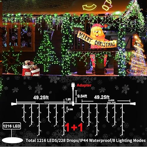 Vista 128 de KNONEW 164 pies 1600 luces LED de Navidad decoración al aire libre, temporizador blanco, 8 modos de luces colgantes con 320 gotas, enchufe en Blanco