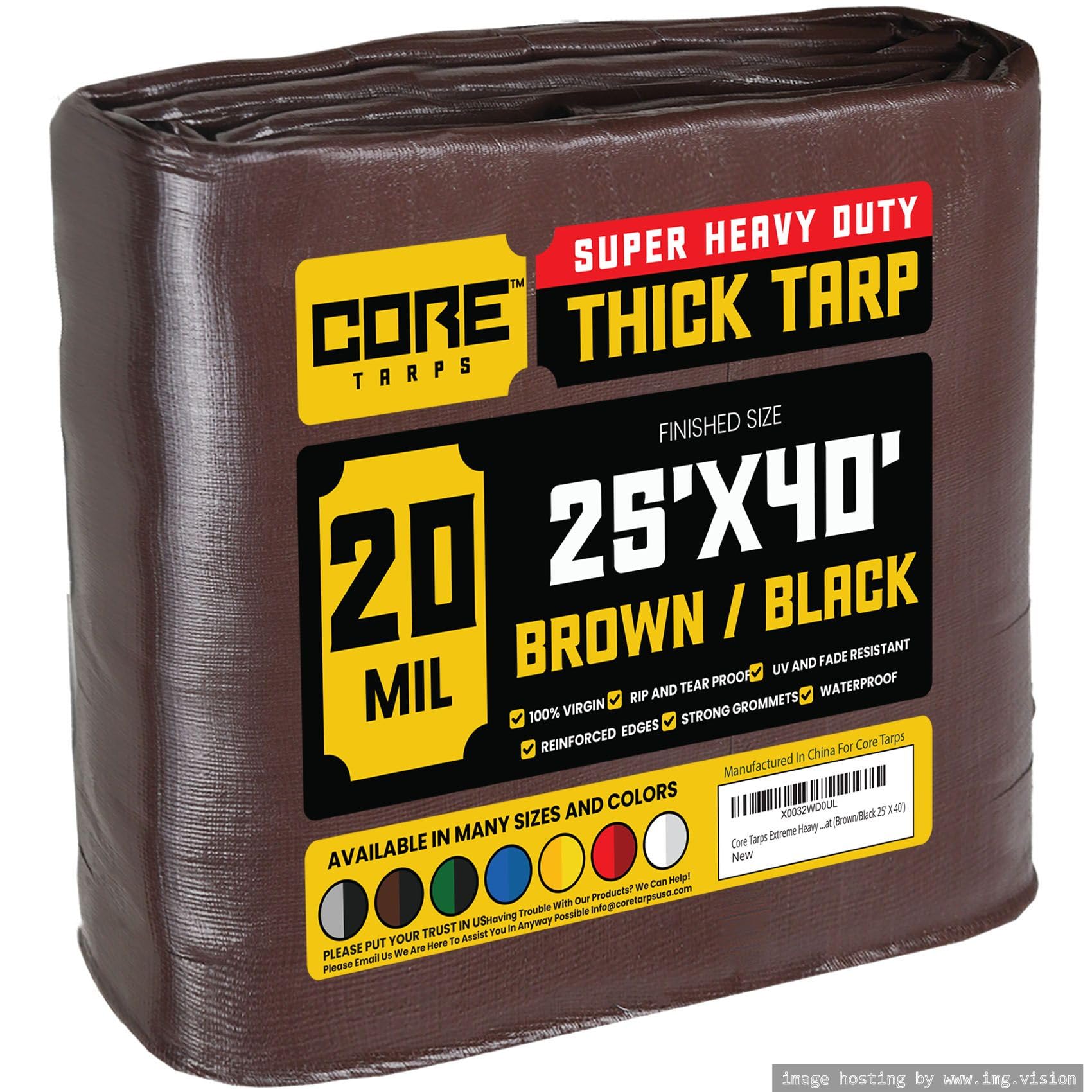 Core Tarps Extreme Heavy Duty 20 Mil Tarp Cover, Waterproof, UV Resistant, Rip and Tear Proof, Poly Tarpaulin with Reinforced Edges for Roof, Patio, Pool, Boat (Brown/Black 25′ X 40′)