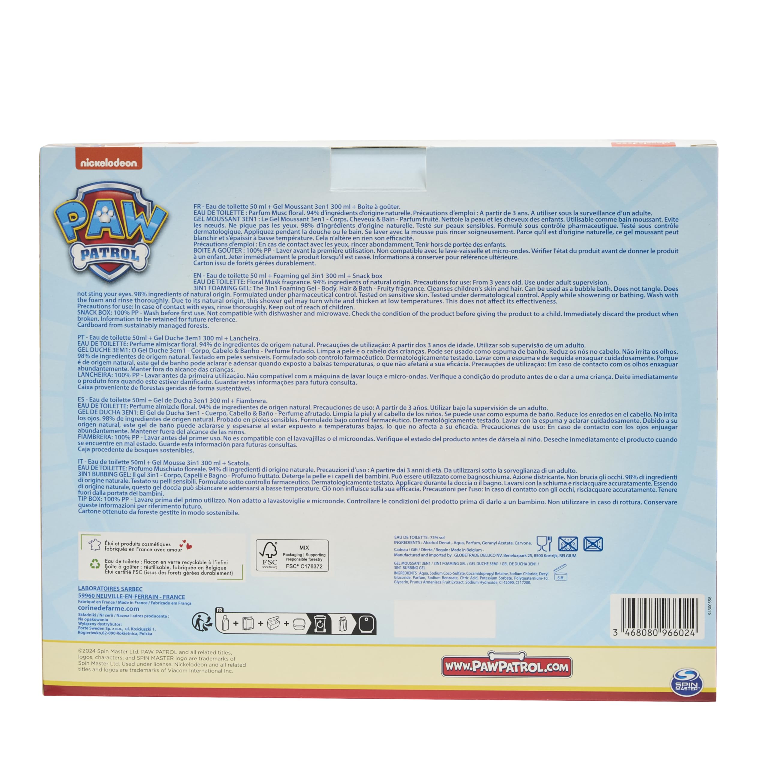 Corine de Farme Paw Patrol Geschenkset für Kinder, Eau de Toilette, 50 ml, Dusch- und Bade-Gel, 3-in-1, Körper und Haare, 300 ml und Lunchbox für Kinder, Moschusduft