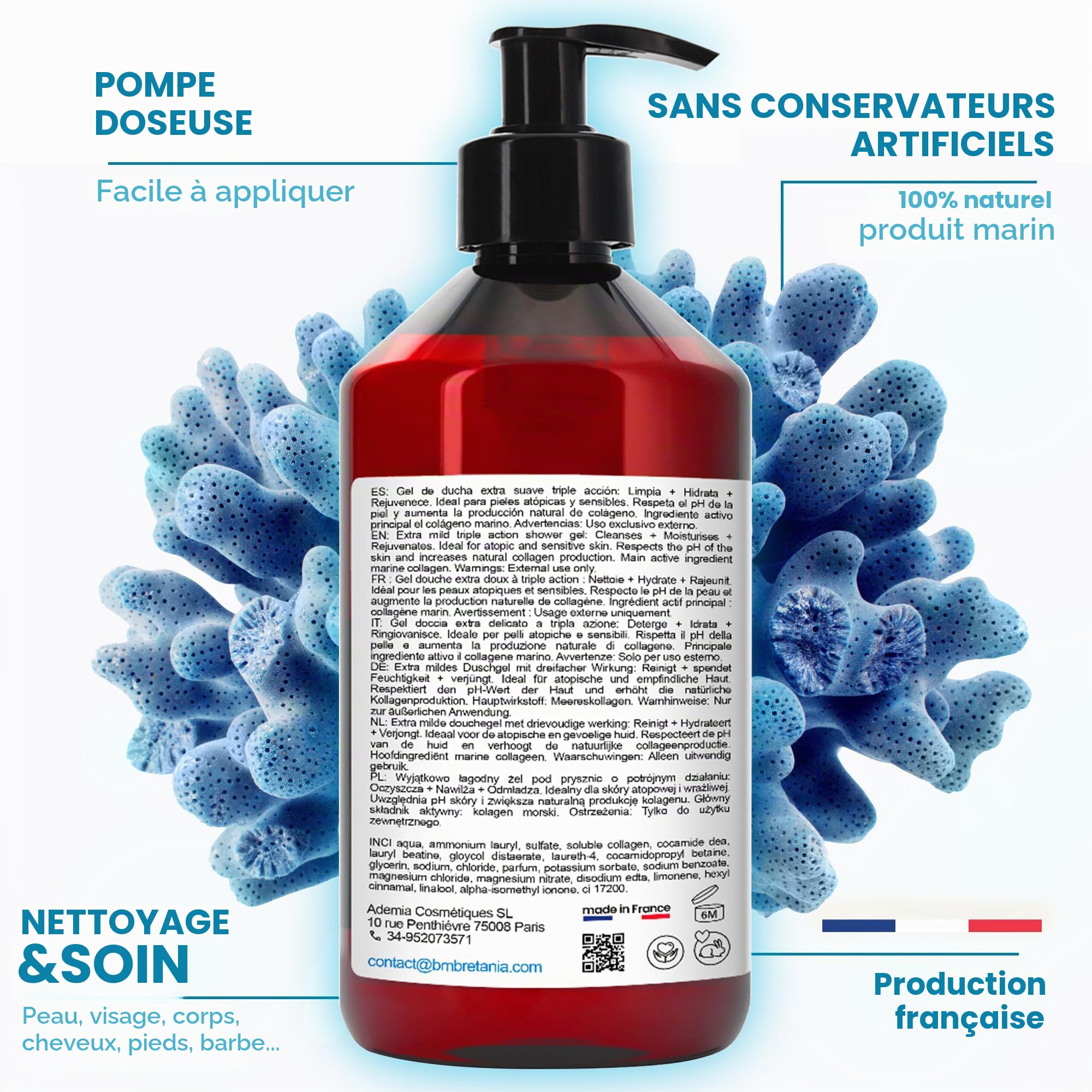 Gel Douche Perlé Extra Délicat au Collagène, Triple Action : Nettoyant Visage, Corps et Cheveux, Effet Raffermissant et Anti-Âge, Soin pour Peaux Atopiques, Sensibles et Sèches - 5000 ml