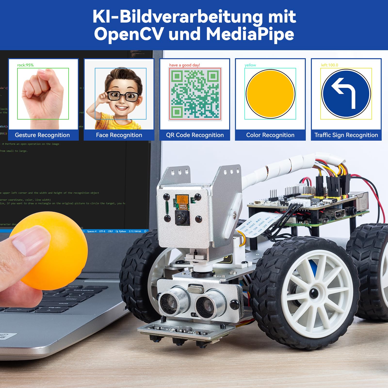 SunFounder Picar-X KI-Videoroboter-Car-Kit für Raspberry Pi 5/4/3B+/Zero 2w,LLMs ChatGPT-4o/Gemini/Grok,Sprach- und Videoerkennung,Python,Scratch,Kamera,Akku (RPI Nicht im Lieferumfang enthalten)