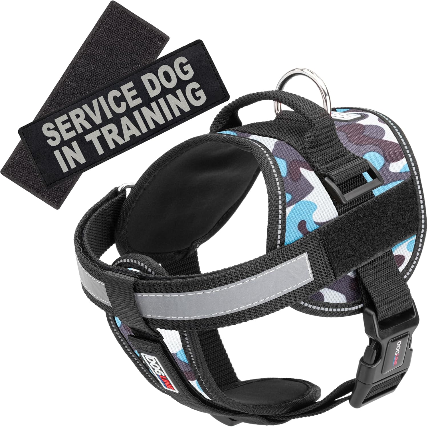 Dogline Unimax Dog Harness Vest with Service Dog in Training Patches Adjustable Straps Breathable Neoprene for Identification Training Dogs Girth 22 to 30 in Blue Camo