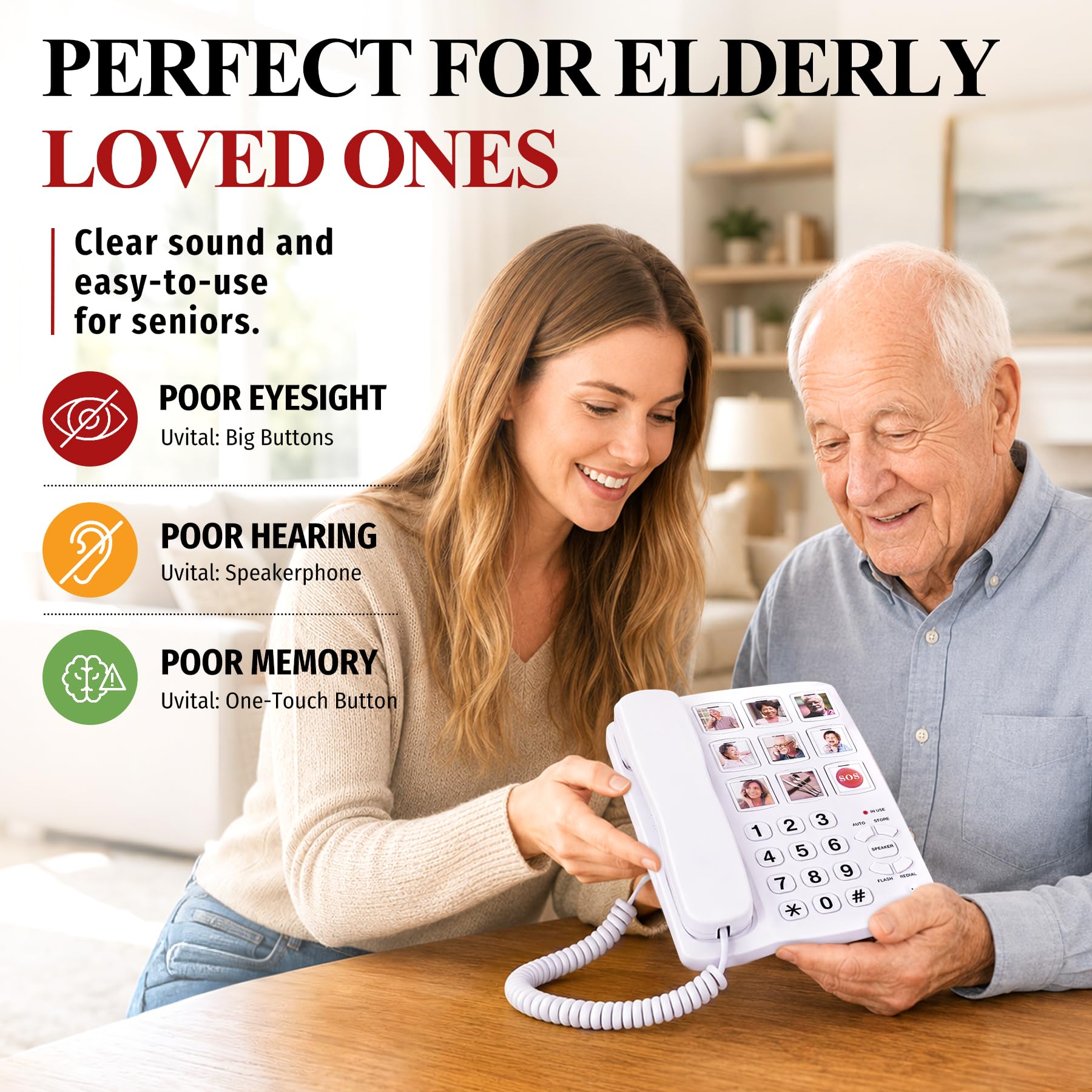 Uvital Teléfonos fijos con cable para ancianos, teléfono de botón grande para el hogar/hotel/oficina, teléfono de escritorio con marcación rápida de un solo toque, manos libres, control de volumen y