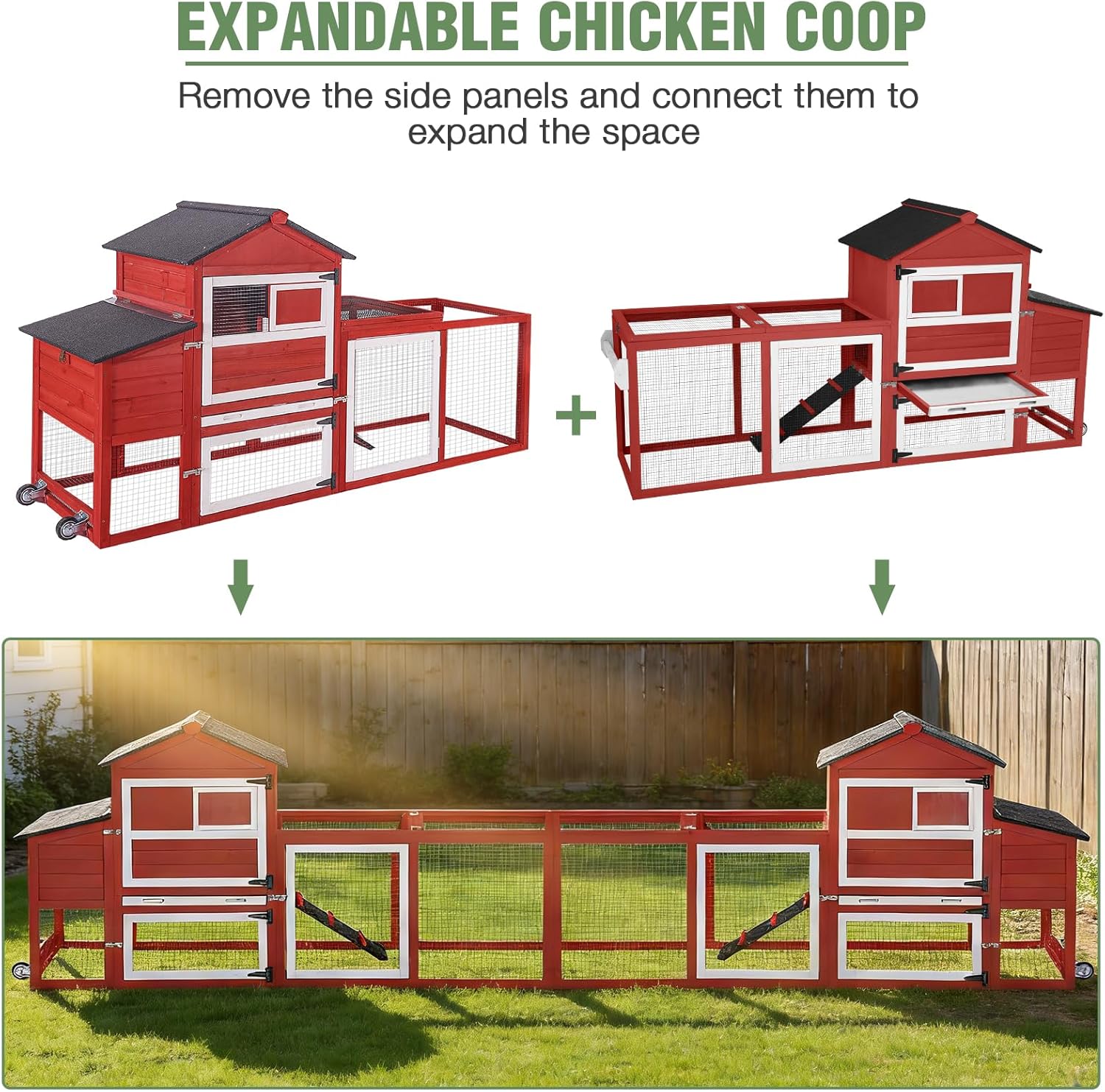 Mobile Chicken Coop with Wheels for 4-6 Chickens, Large Outdoor Hen House with Run, Weatherproof Asphalt Roof, Sectionable Nesting Box & Pull-Out Tray, 82.4" L x 25.8" W x 44.1" H - Red