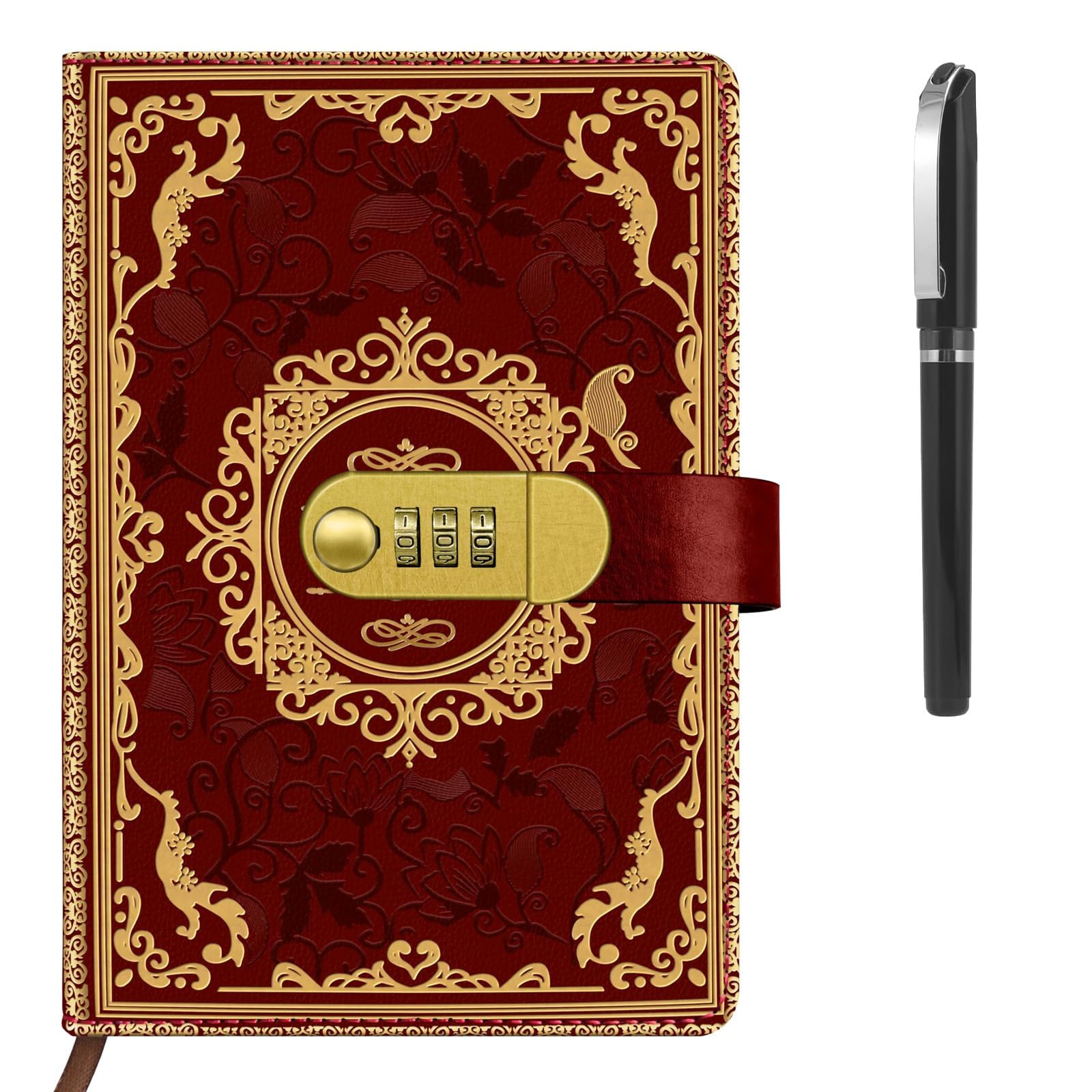 NIFTYY A5 Password Journal with Pen, Vintage Leather Look Combination Lock Diary for Women & Girls, 200 Pages Lined Notebook for Travel, Writing, Office, School (red)