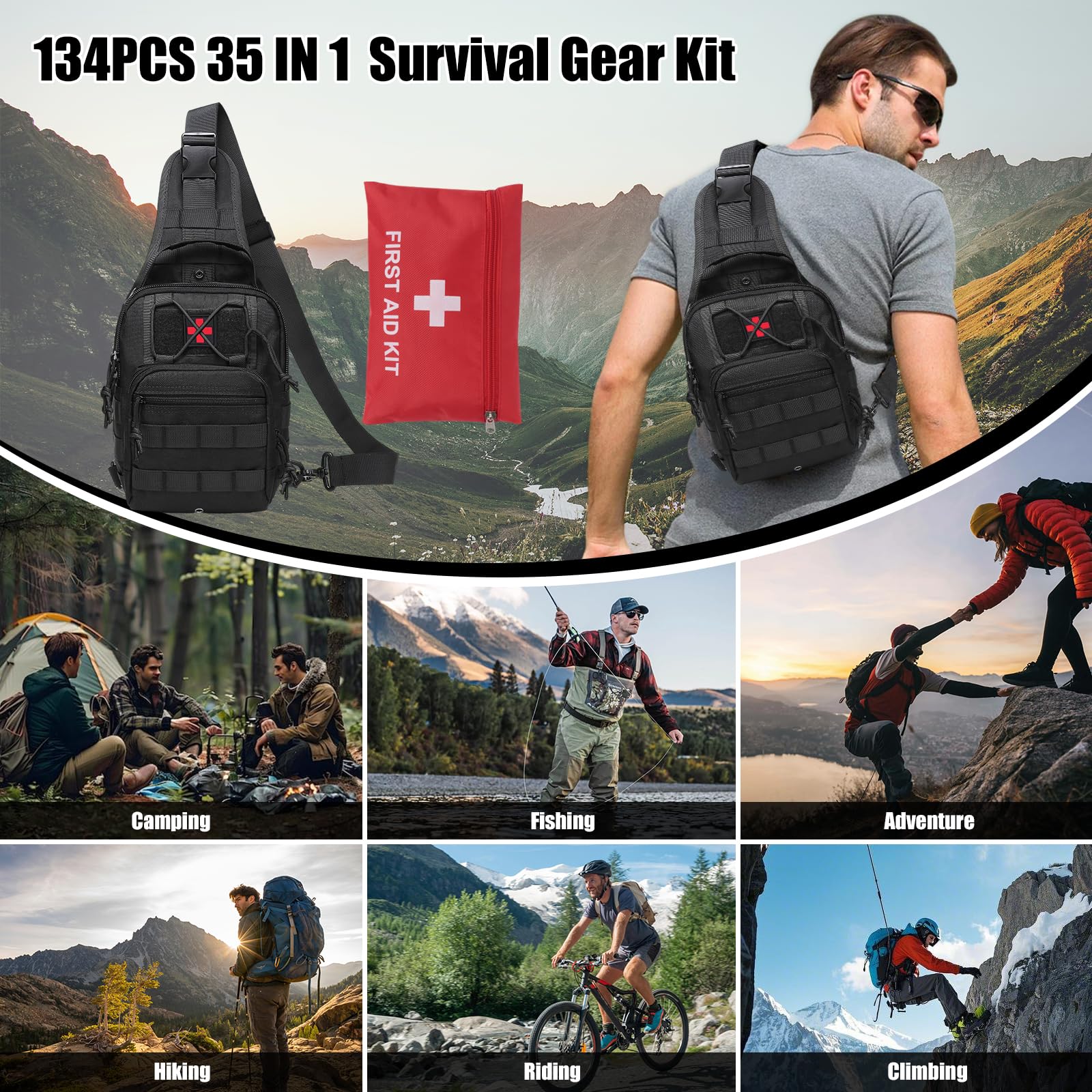 Kit de Supervivencia, 35 en 1 Equipo de Emergencia con Botiquín de Primeros Auxilios Manta de Emergencia Kit de Pesca, Al Aire Libre Supervivencia de Bolsa de Herramientas para Senderismo
