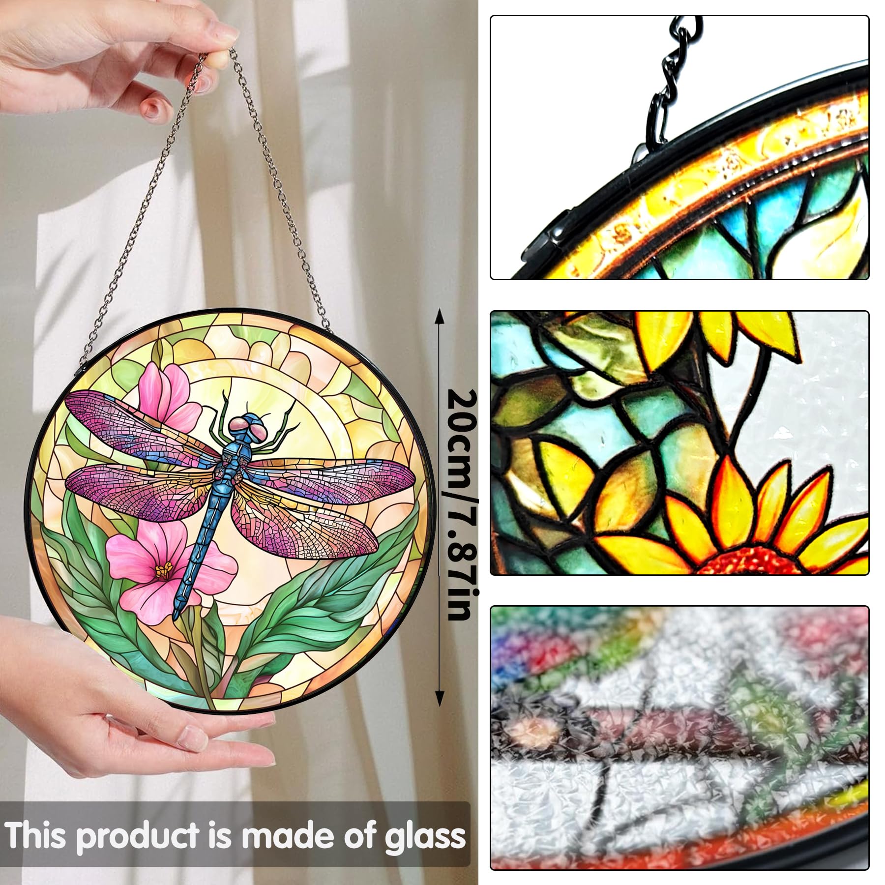 Bimkole Dragonfly Stained Glass Suncatcher Window Hanging, Flowers Design for Indoor Window or Doorway Decoration - Image 2