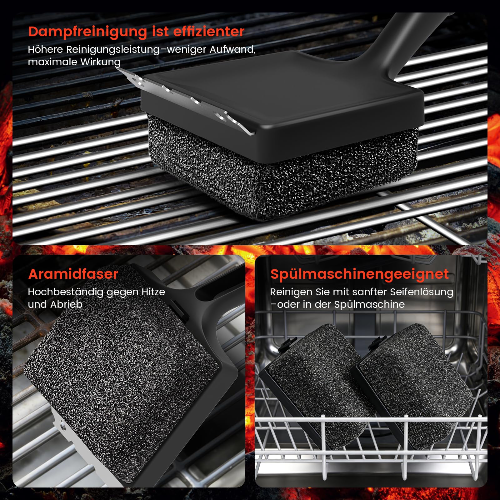 Brosse barbecue 4 en 1 Accessoires BBQ avec grattoir acier inoxydable Brosse réutilisable pour nettoyage grille Tissu Kevlar Sans poils
