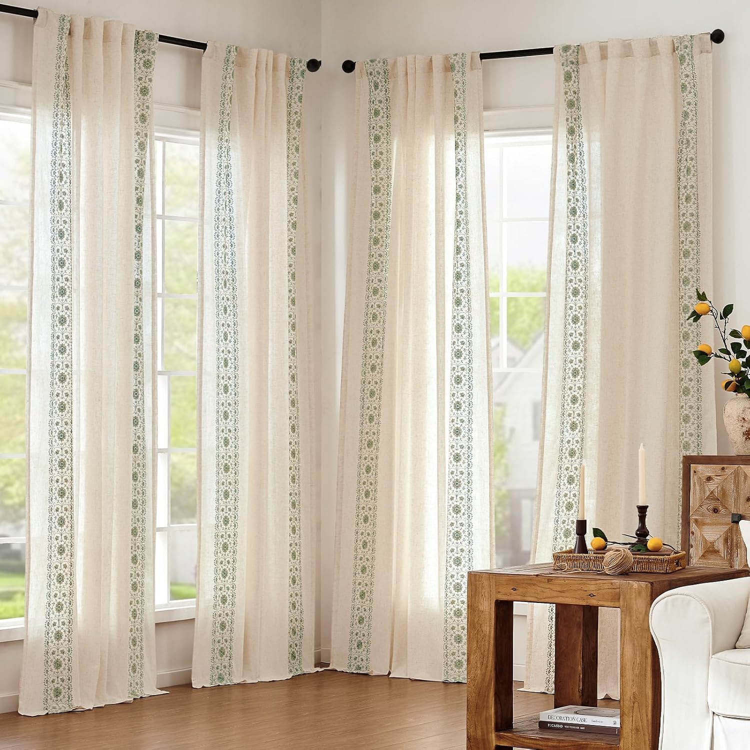 Vangao Gardinen Wohnzimmer mit Stickerei 140B x 245Hcm 2er Set Grün Beige | Boho Vintage Landhausstil Vorhänge mit Verdeckten Schlaufen Leinenoptik Lichtdurchlässig, Vorhang Schlafzimmer Kinderzimmer