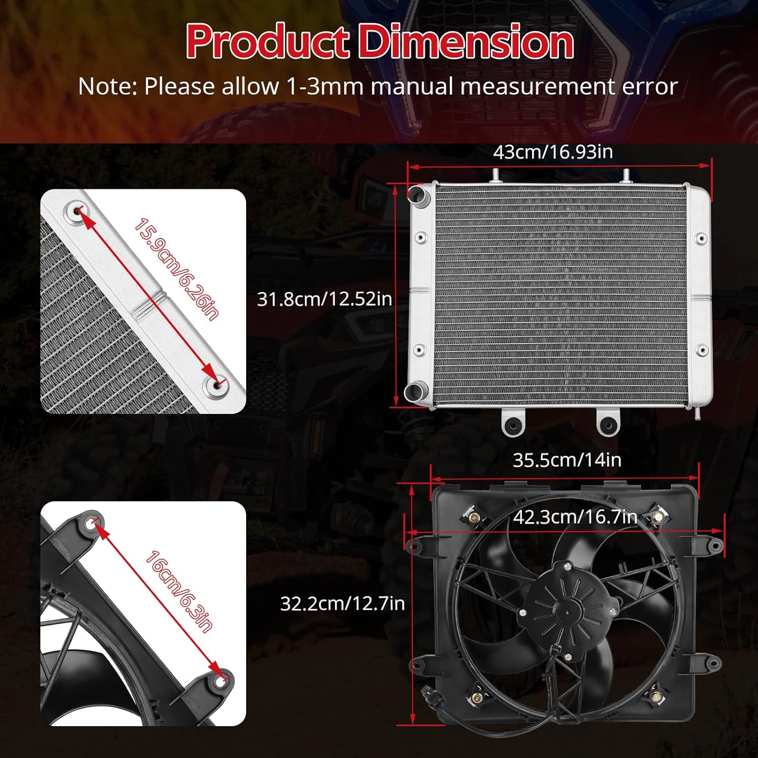 JAVIK Radiator & Cooling Fan Assy Compatible with Polaris 2008-2022 RZR 800 570 2014-2016 Sportsman ACE 325 570 900 OEM# 1240319 1240444 2410413 2204192 5437845