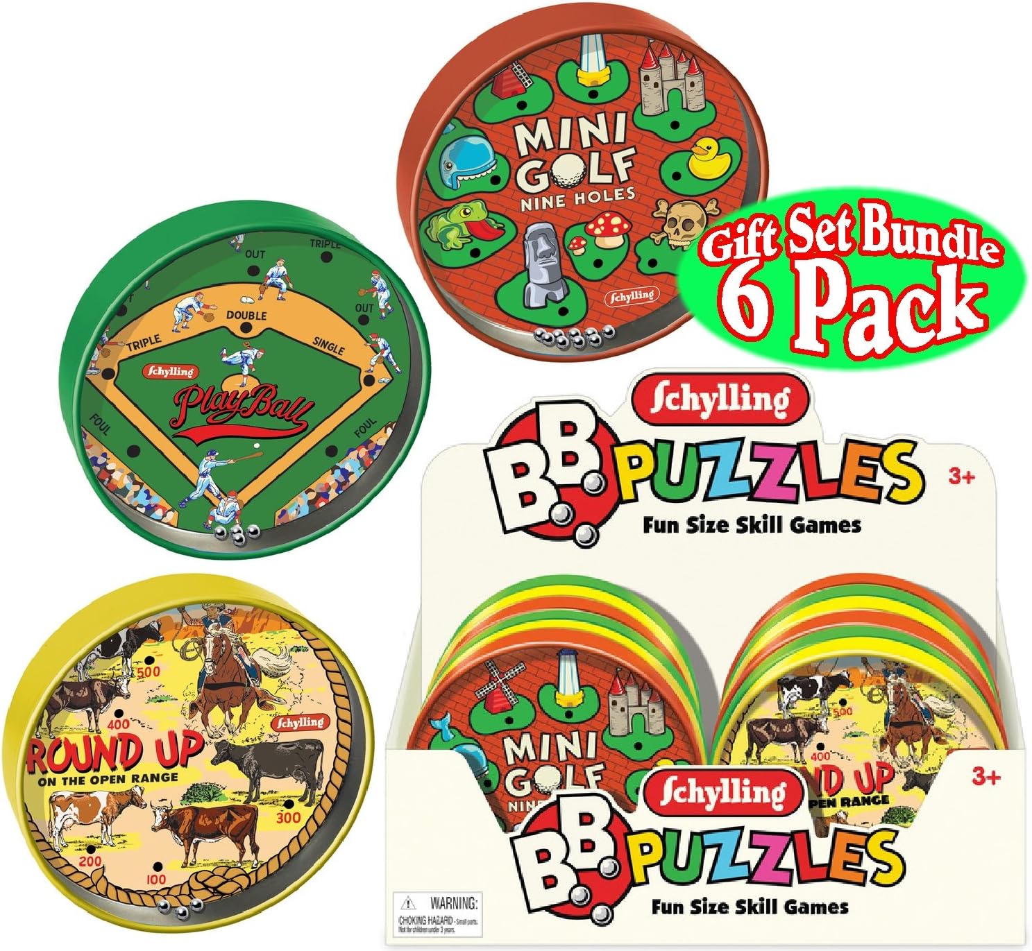 Schylling Classic Tin BB Puzzle Games Complete Gift Set Bundle with Exclusive Matty's Toy Stop Storage Bag - 6 Pack