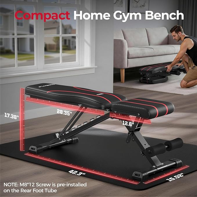 FLYBIRD adjustable bench real dimensions -- 17.38 inch height, 28.35 inch backrest, 42.3 inch length, 15.02 inch base width