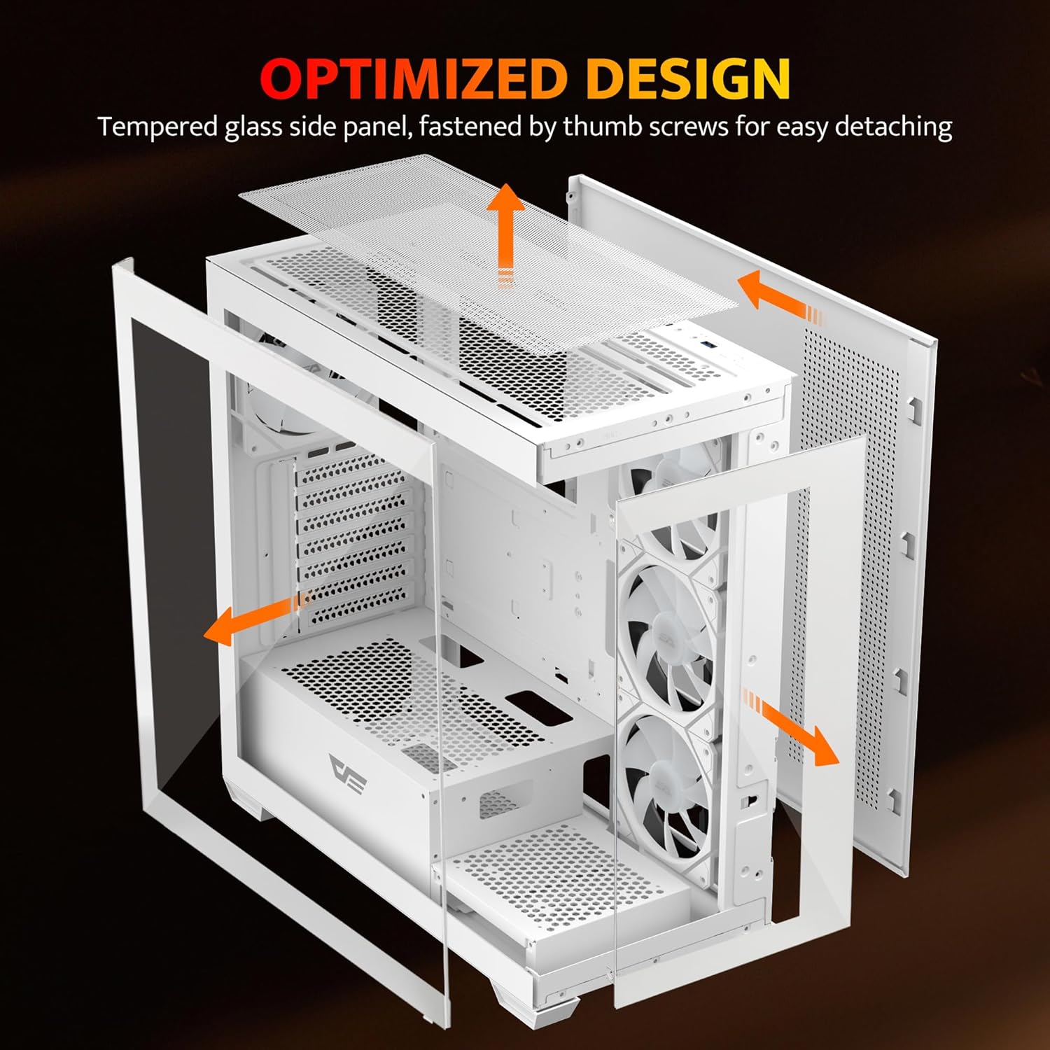 darkFlash DS900 ATX Mid-Tower Gaming PC Case, Dual Tempered Glass Full View Design, 1× Pre-Installed PWM Fan (Non-RGB), Front Type-C Port, Supports 360mm Radiator, White