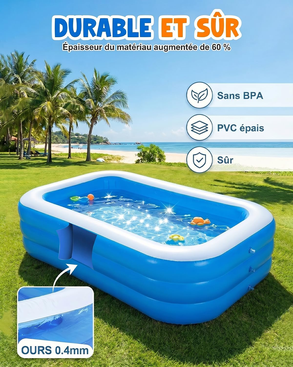 Piscine Gonflable Rectangulaire pour Enfants, 210 × 135 × 60 cm, Mini Piscine Bébé et Piscinette de Jardin, 3 Chambres à Air Renforcées – Idéale pour Terrasse, Jardin et Usage Extérieur