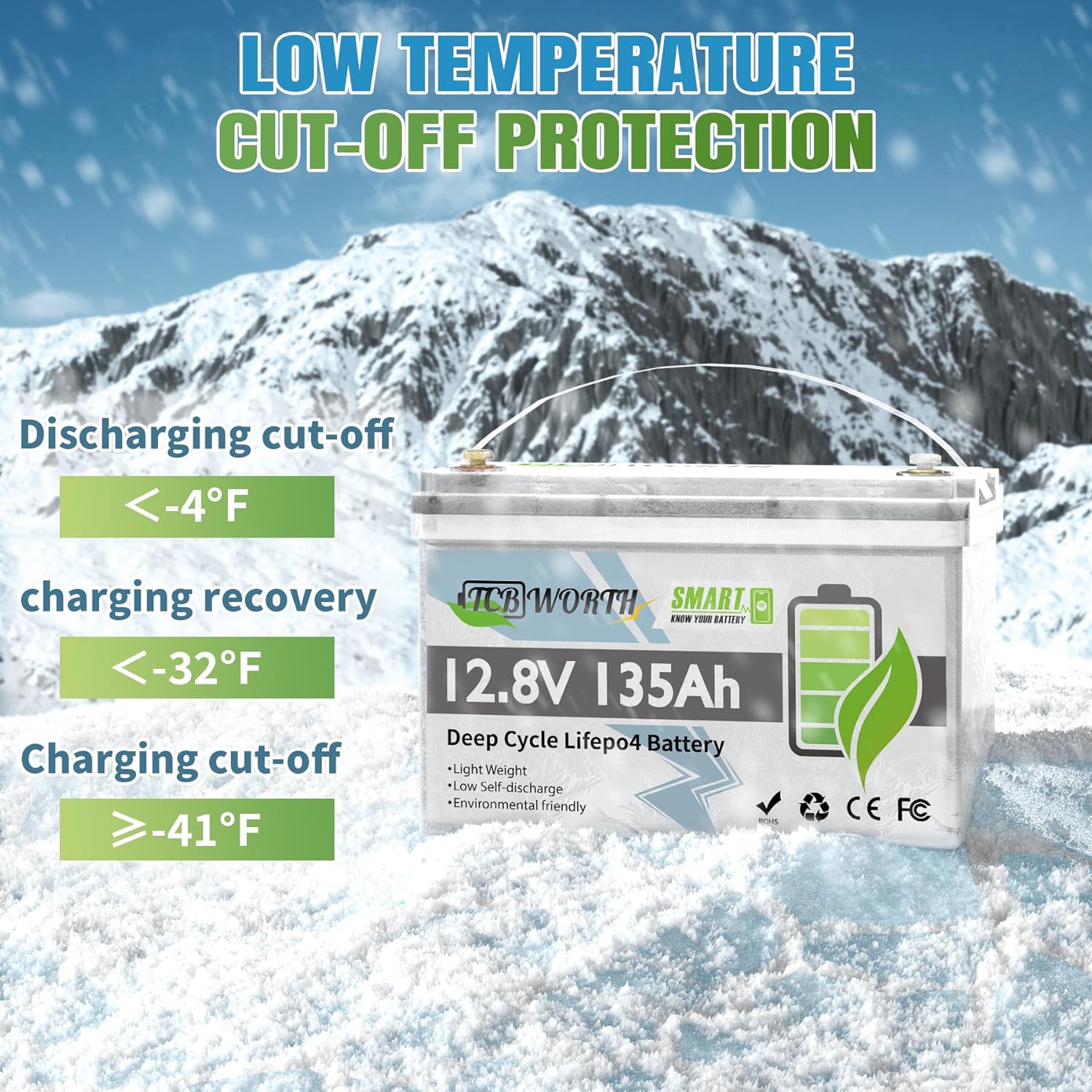LiFePO4 Battery 12.8V 135A, Deep Cycle Lithium Battery Group 31 with 20A charger, 100A Smart BMS with Low-Temp Protection, for RV, Solar System, Trolling Motors
