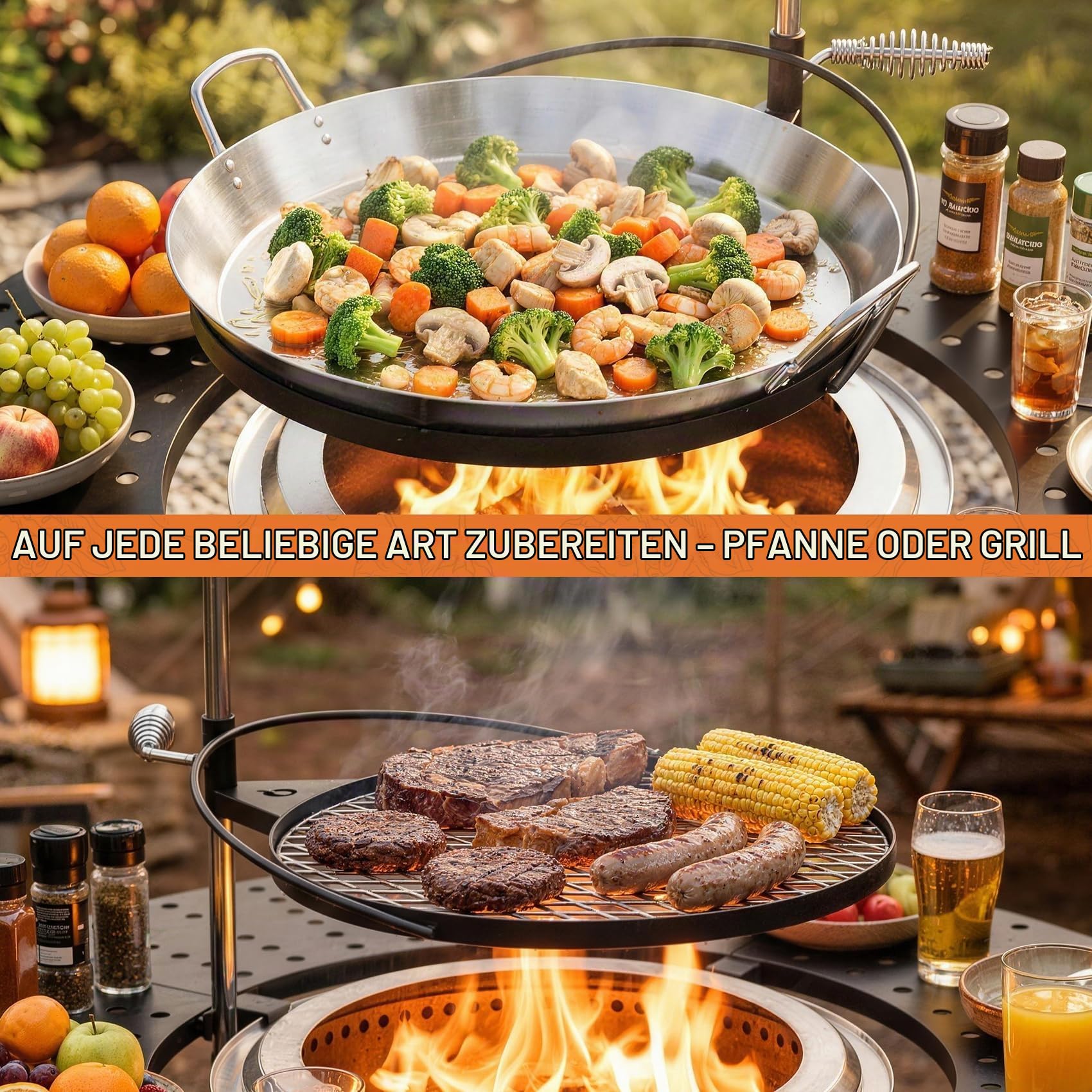 onlyfire 3-in-1 Feuerstelle Surround Tischplatte für Solo Stove Bonfire 49,5cm, Höhenverstellbar & 360° Schwenkbar, Abnehmbar Runde Feuerstellentisch mit Grillrost & Pfanne für Getränke und Speisen