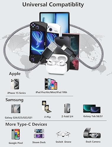 Miniatura 7 de Cable USB tipo C para iPhone 17, carga rápida, (paquete de 5 unidades de 3 pies) USB-A a USB-C, nailon trenzado de sincronización de datos,