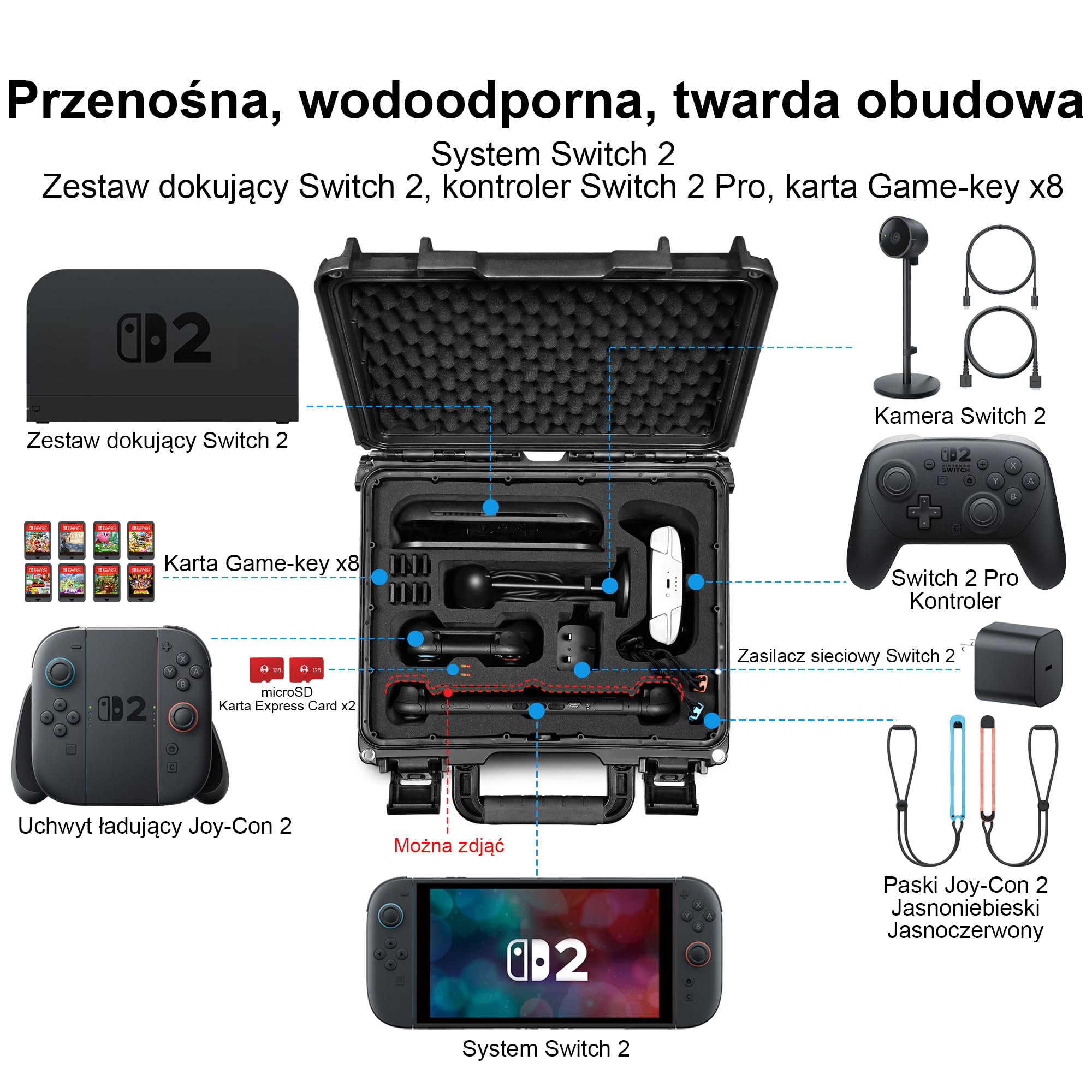 Lekufee Wodoodporna twarda walizka do Nintendo Switch 2, stacją dokującą, kontrolerem Switch 2 Pro, kamerą Switch 2, kartridżami do gier (8 sztuk) oraz innymi akcesoriami (tylko torba i futerał)