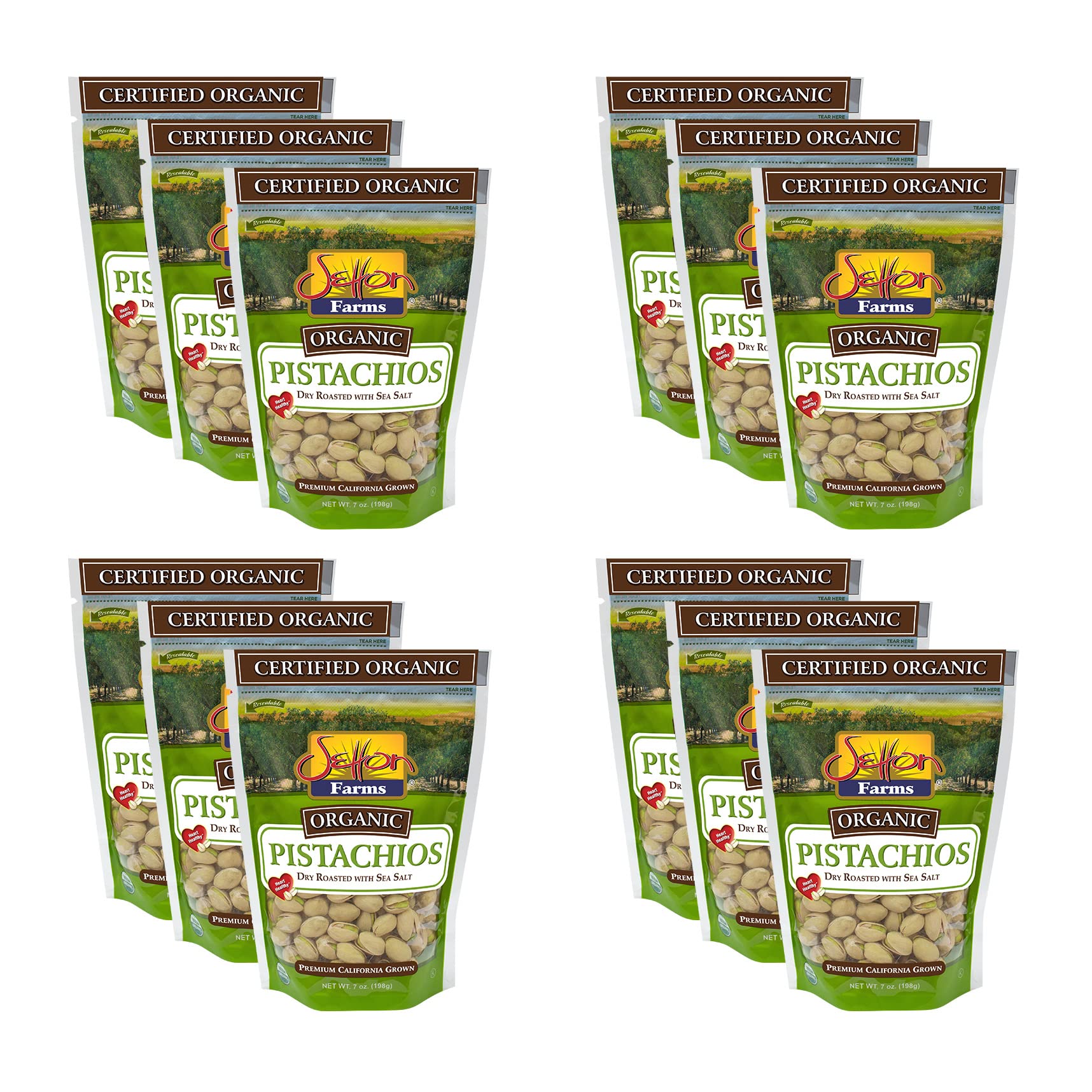 Inshell Organic Pistachios, Dry Roasted and Salted Pistachios, 12 pack of 7oz Resealable Bags, Certified Organic