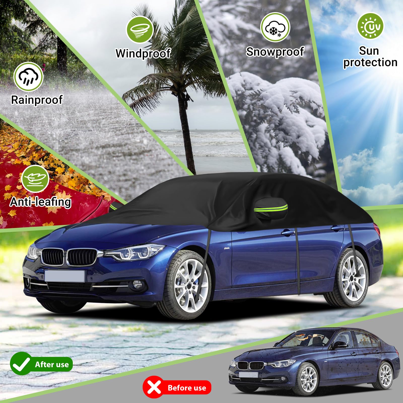 Universelle Halbgarage für Autos 323 * 150 * 49cm, Autoabdeckung Wasserdicht Ersatz für BMW 3 Series, Ersatz für Porsche 911, Autoplane Halbabdeckung für Allwetter, UV-Beständige Vollgarage Regen