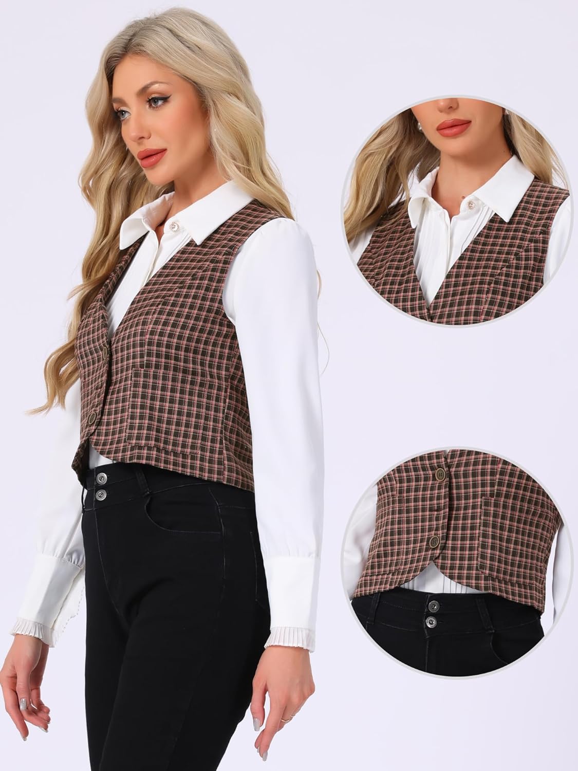 Allegra K Plaid Vest for Women's Single Breasted Sleeveless Racerback Vintage Waistcoat - Image 2