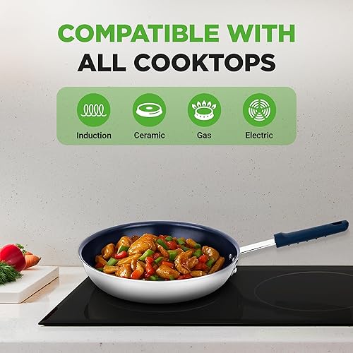 Miniatura 4 de NutriChef f Sartén grande de 12 pulgadas, sartén antiadherente grande con mango de silicona, revestimiento de cerámica, mango de silicona azul,