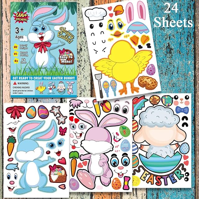Adisno 24 Sheets Easter Stickers for Children, Make Your Own Easter Stickers for Kids, Easter Crafts for Kids, Craft Make Easter Bunny Face Stickers for Easter Party Games