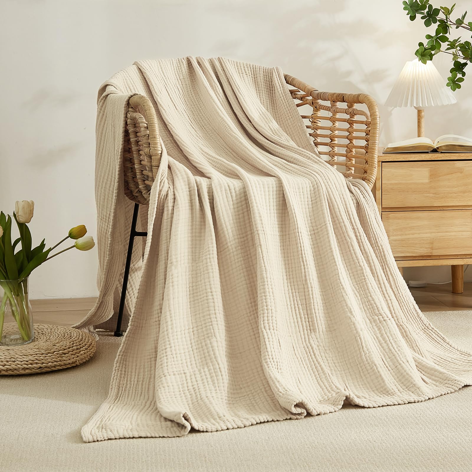 EMME Cotton Muslin Blanket Twin XL - 66"x90" Lightweight Breathable Light Tan Layering Bedspread Coverlet All Season Gauze
