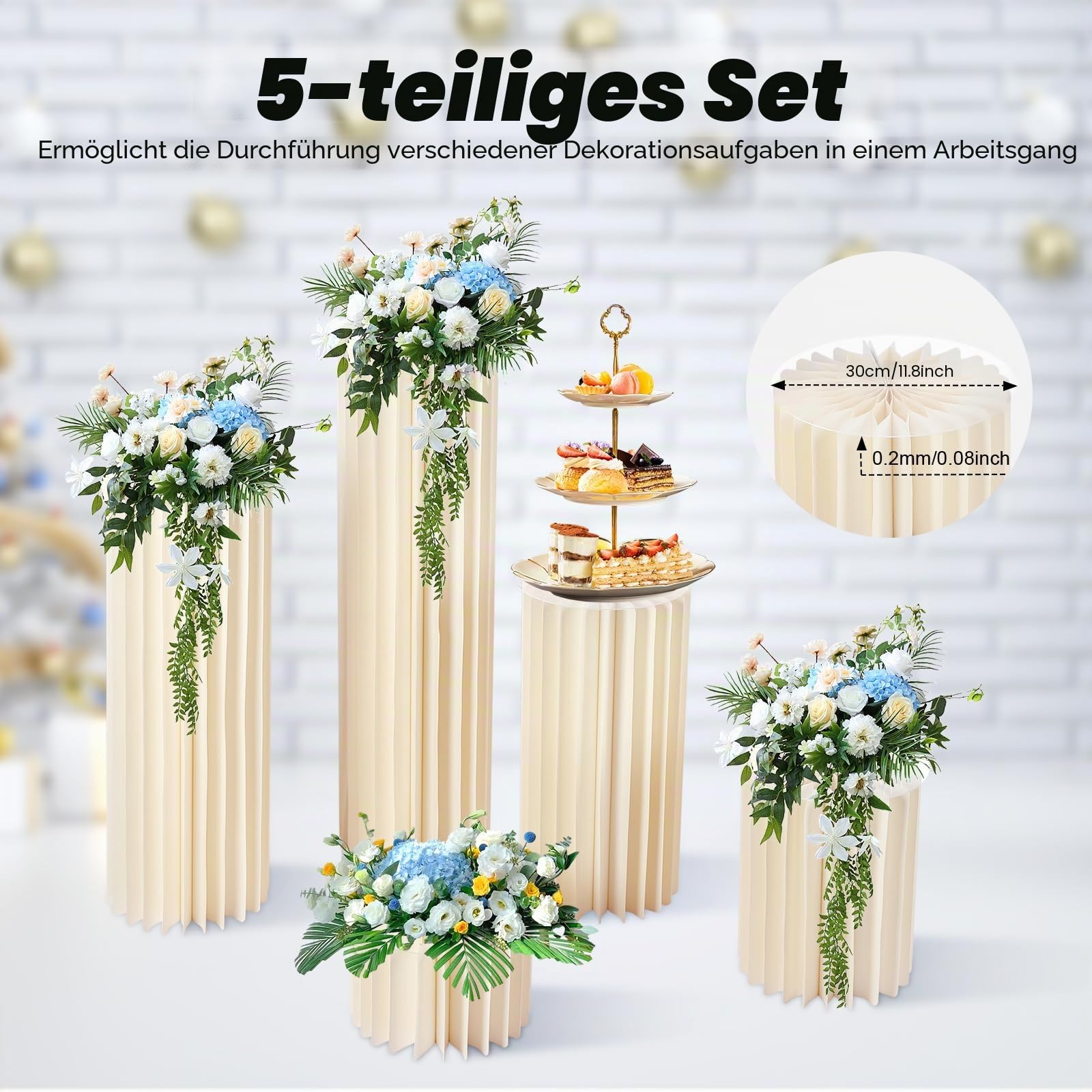 MINRS 5 Stücken Hochzeit Karton Blumensäule Vasen Faltbarer Tafelaufsatz aus Karton, Säulen-Display mit Acryldeckel, Faltbarer Blumenständer Dekosäule für Hochzeit, Party, Garten