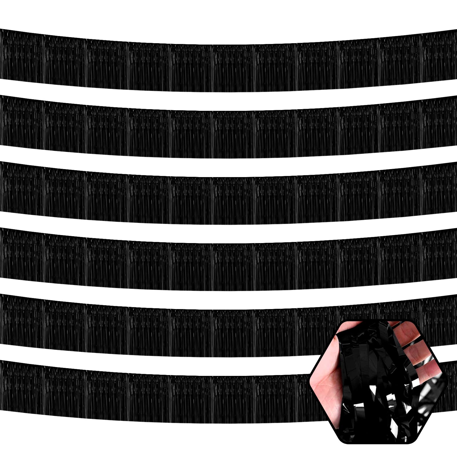 6 Pack 10 Feet Black Foil Fringe Garland Metallic Tinsel Streamers Banner Wall Hanging Curtain Backdrop for Parade Floats, Birthday, Graduate, Mother's Day, Wedding Party Decoration