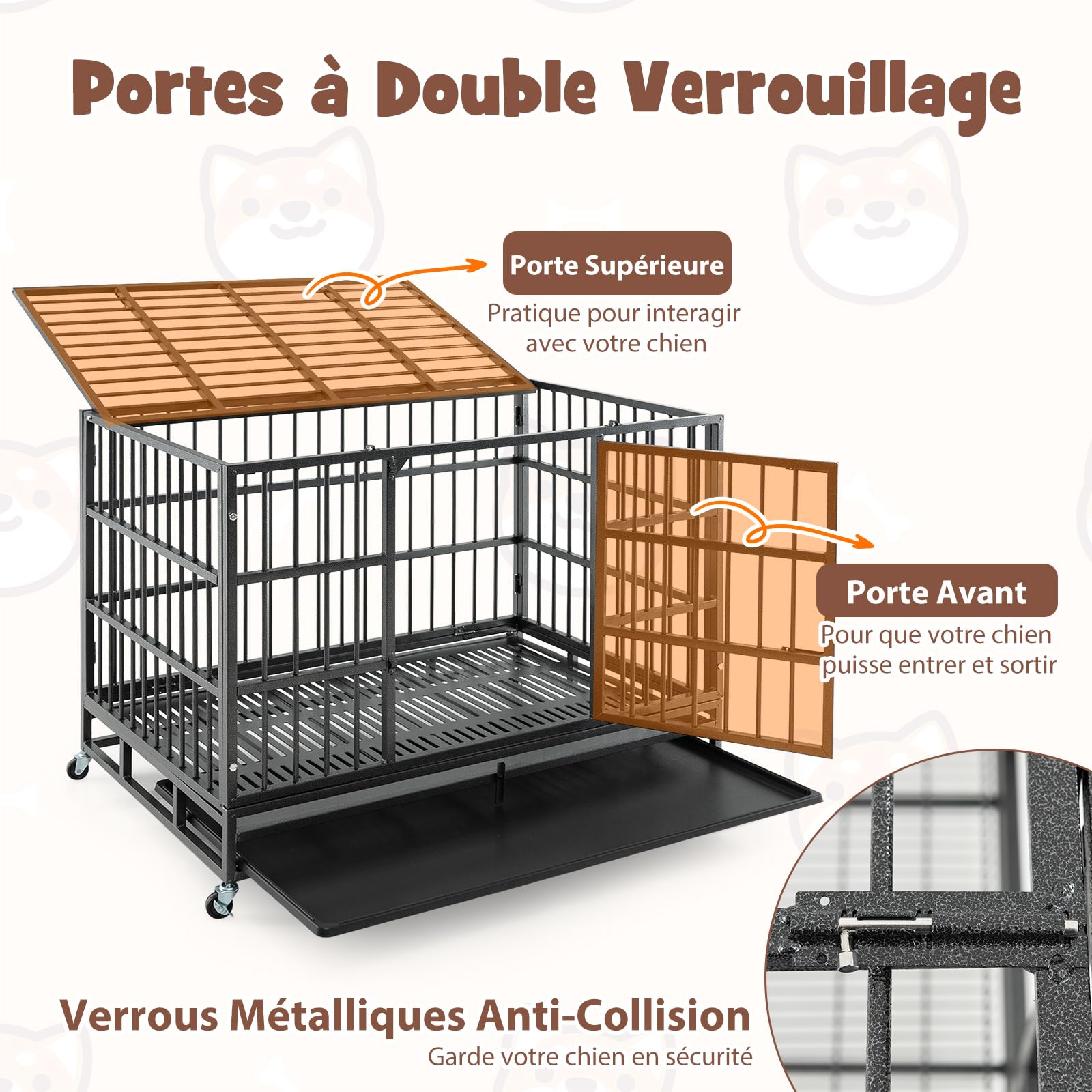 GOPLUS - Jaula para perros plegable de metal con ruedas cerradas, doble puertas cerradas, bandeja extraíble para perros grandes y medianos (48 pulgadas)